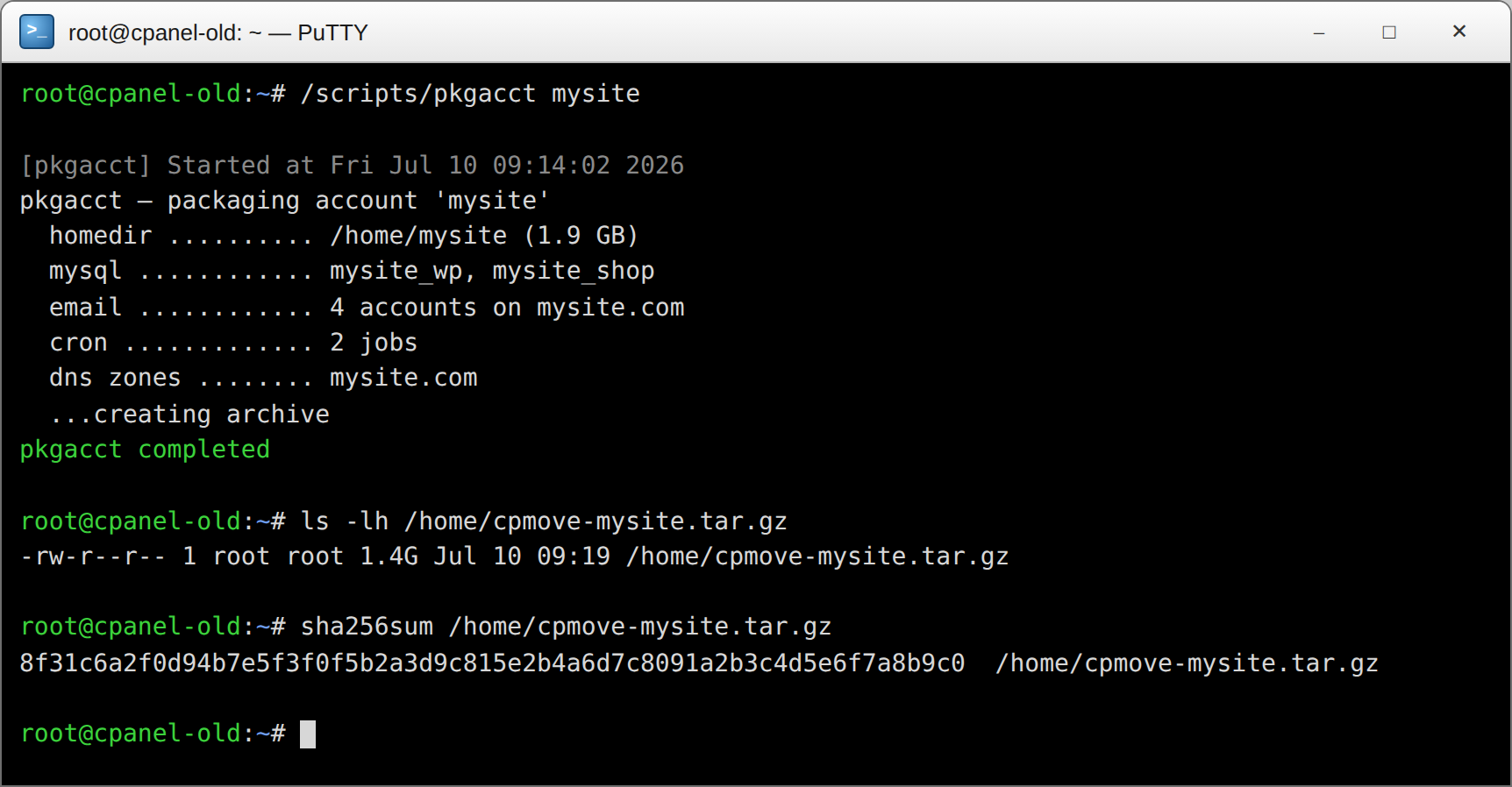 Creating the full backup with pkgacct