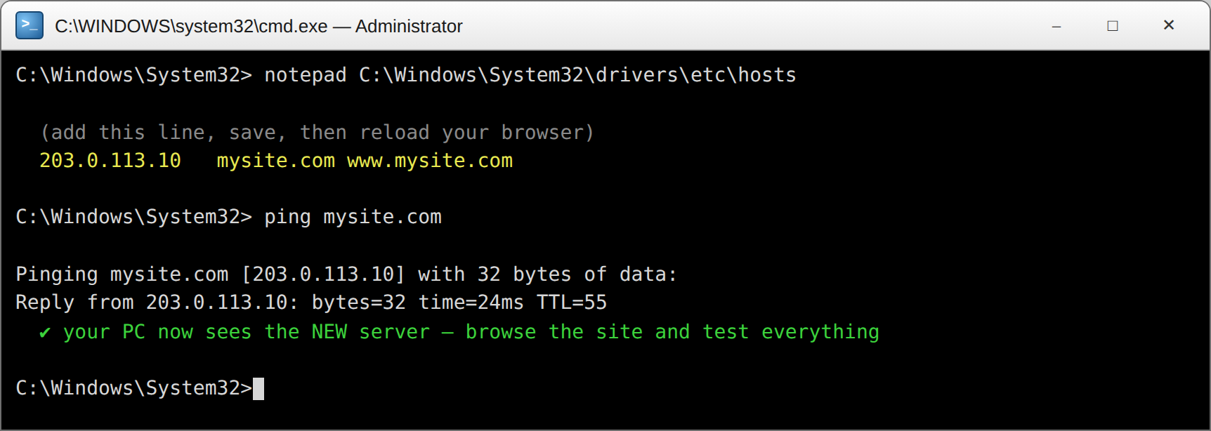 Pointing your PC at the new server with the hosts file