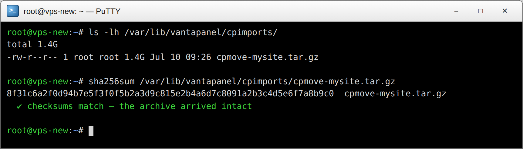 Verifying the checksum on the new server
