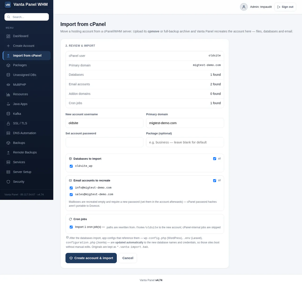 vWHM Import from cPanel, step 2: review what the archive holds (1 database, 2 email accounts, 1 cron job), set the new account and choose what to import
