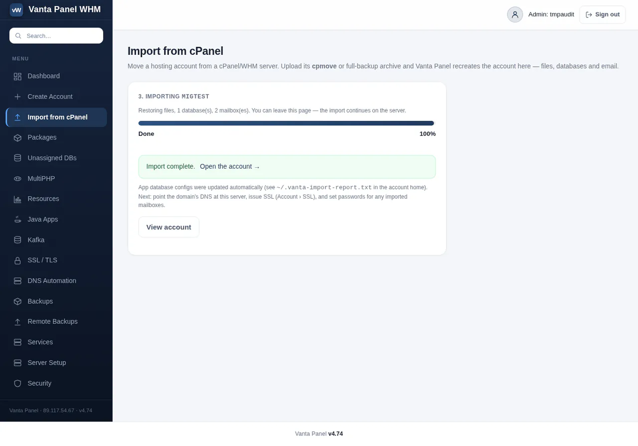 vWHM Import from cPanel, step 3: the import at 100% with "Import complete" and next steps for DNS, SSL and mailbox passwords