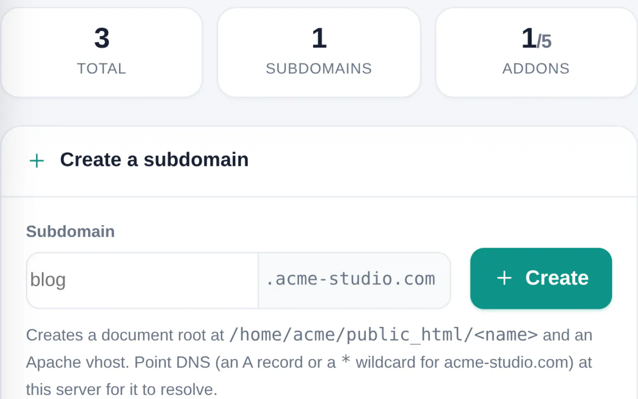 vPanel Domains for the customer acme: 3 domains, 1 subdomain and 1 of 5 addon domains, above the Create a subdomain form