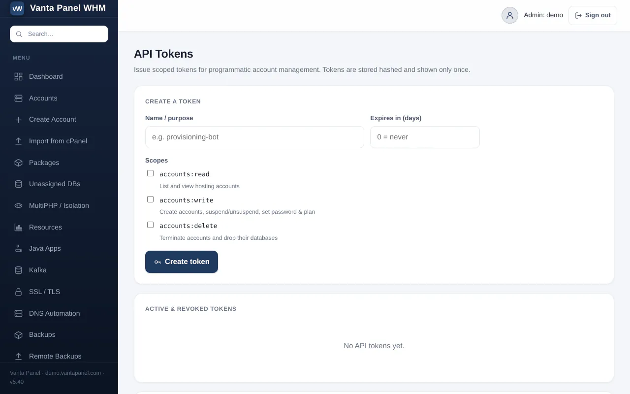 vWHM API Tokens: create a token with a name, an expiry and the scopes accounts:read, accounts:write and accounts:delete; no tokens issued yet