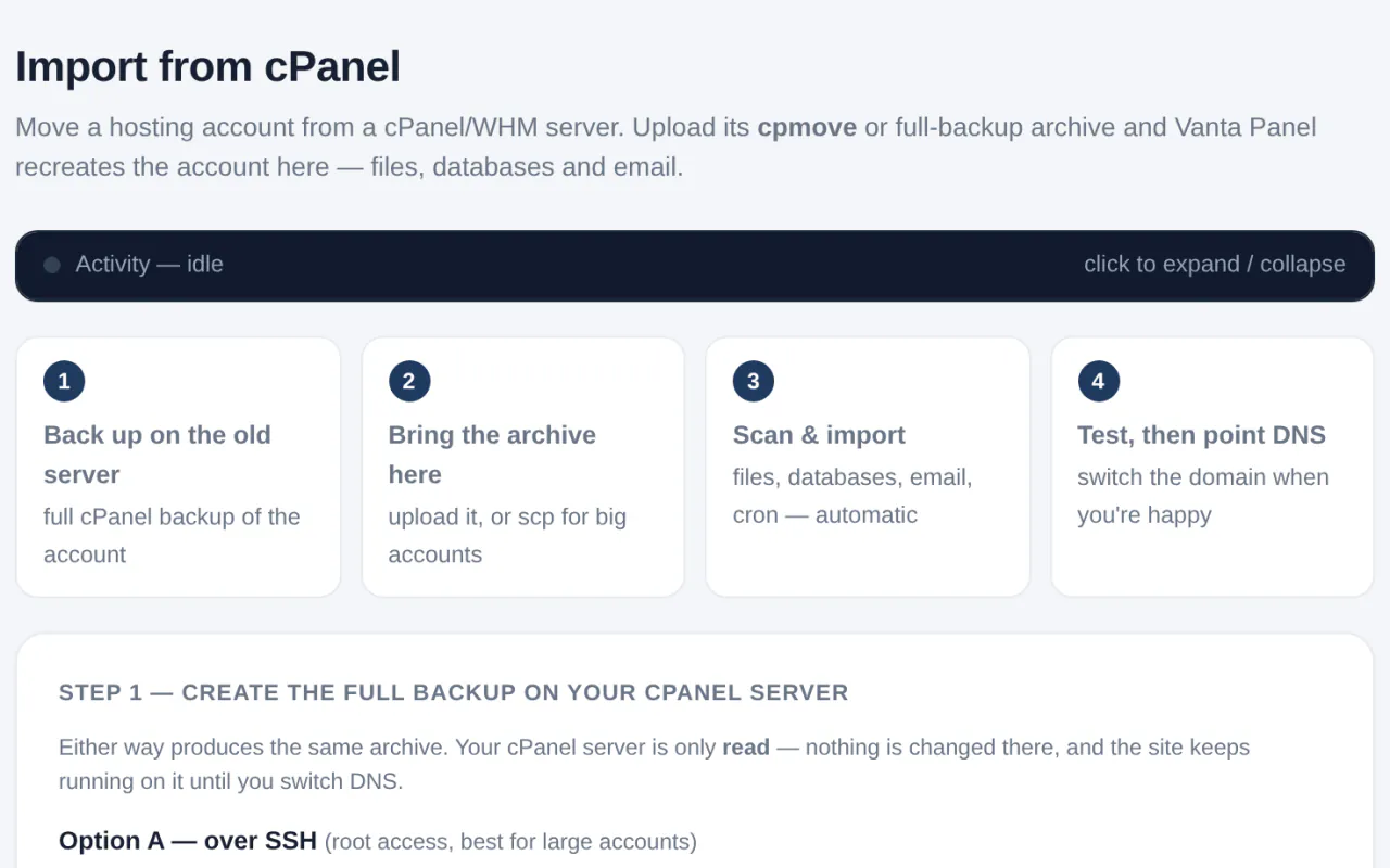 vWHM Import from cPanel: four steps, from backing up the old server to scanning, importing and pointing DNS