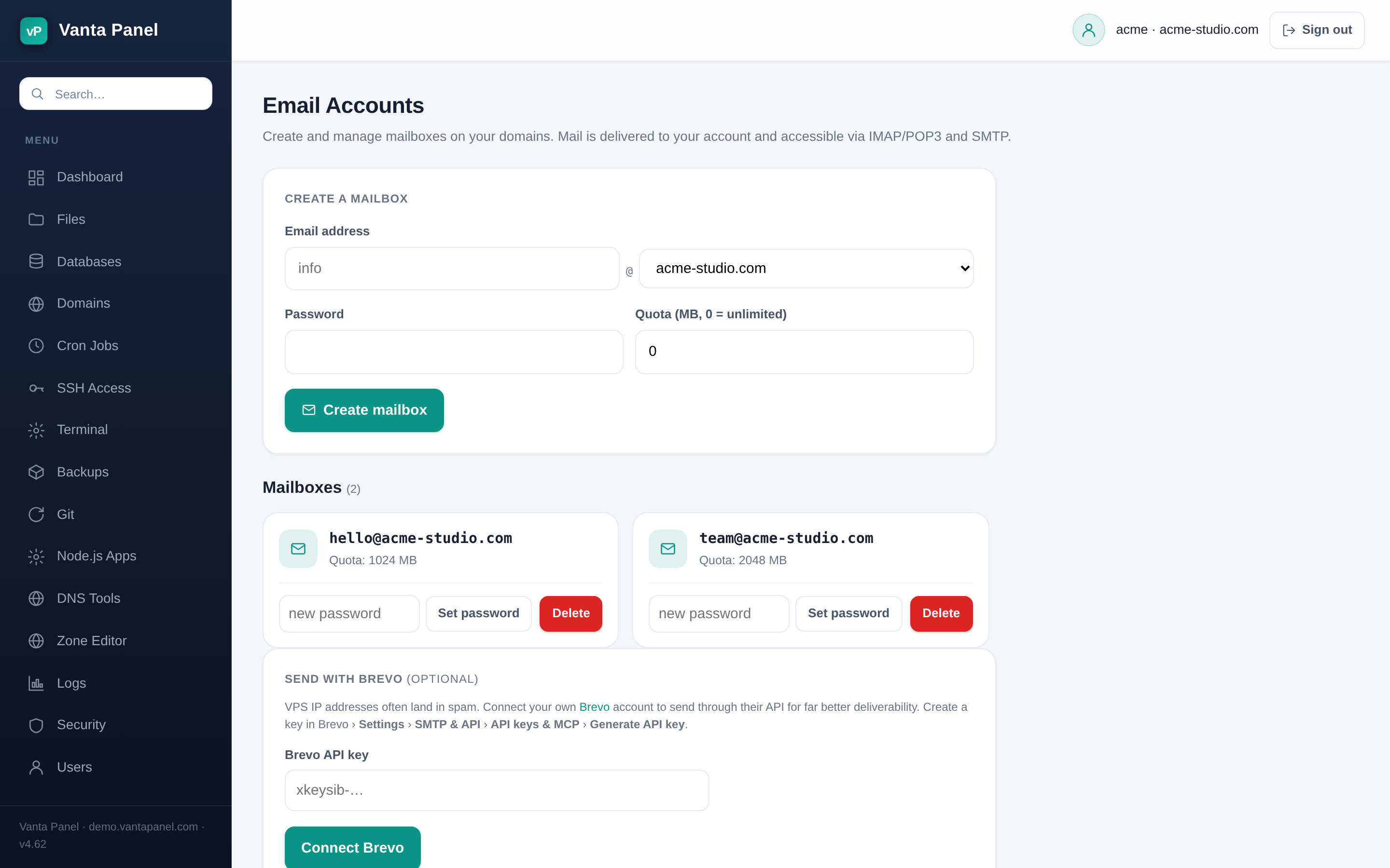 vPanel Email Accounts screen listing mailboxes with quotas, forwarders and webmail access