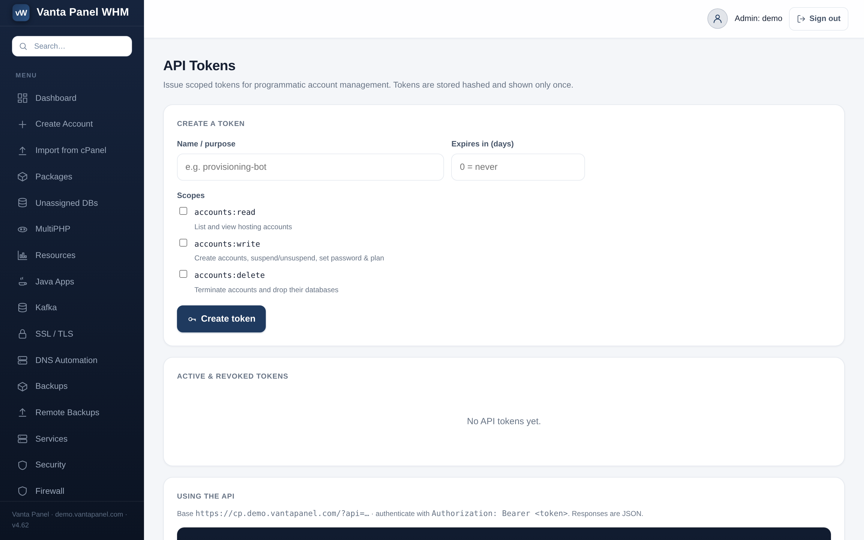 The API Tokens screen in vWHM: a Create a token form with fields for name and expiry in days, and checkboxes for the accounts:read, accounts:write and accounts:delete scopes.