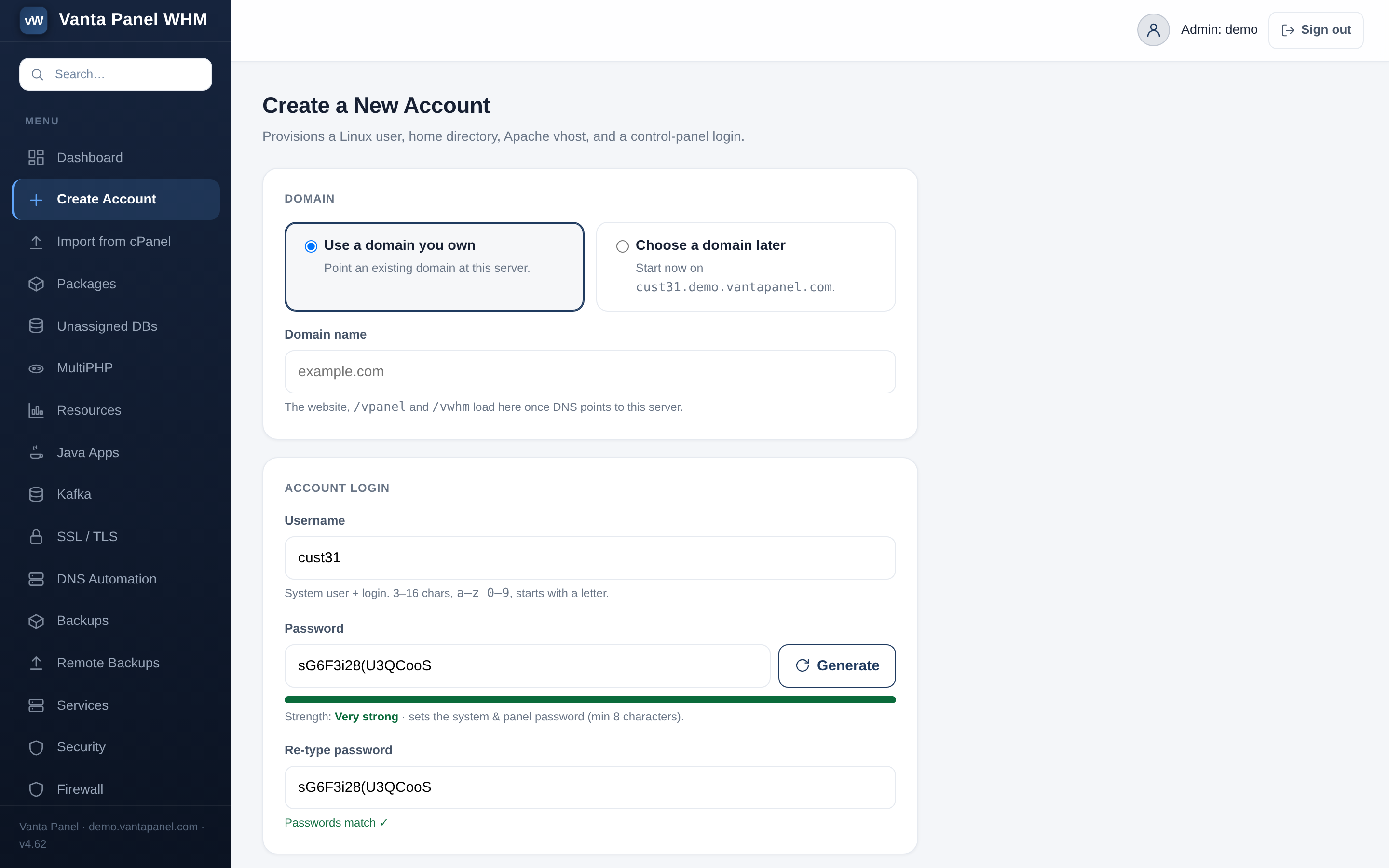 vWHM Create Account screen, provisioning a Linux user, vhost, DNS zone and panel login in one step
