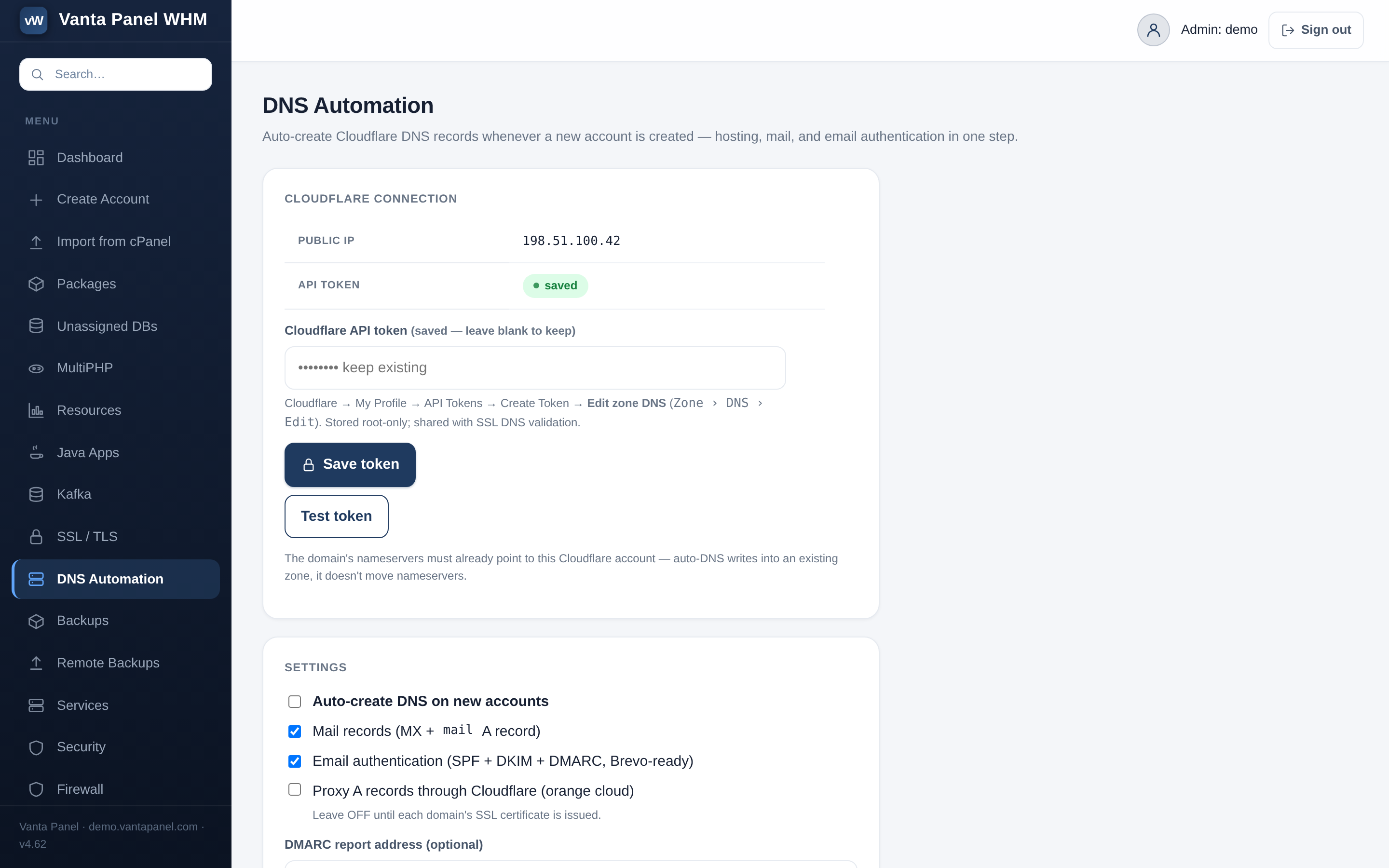 vWHM automatic DNS screen showing private nameserver setup and per-account zone creation