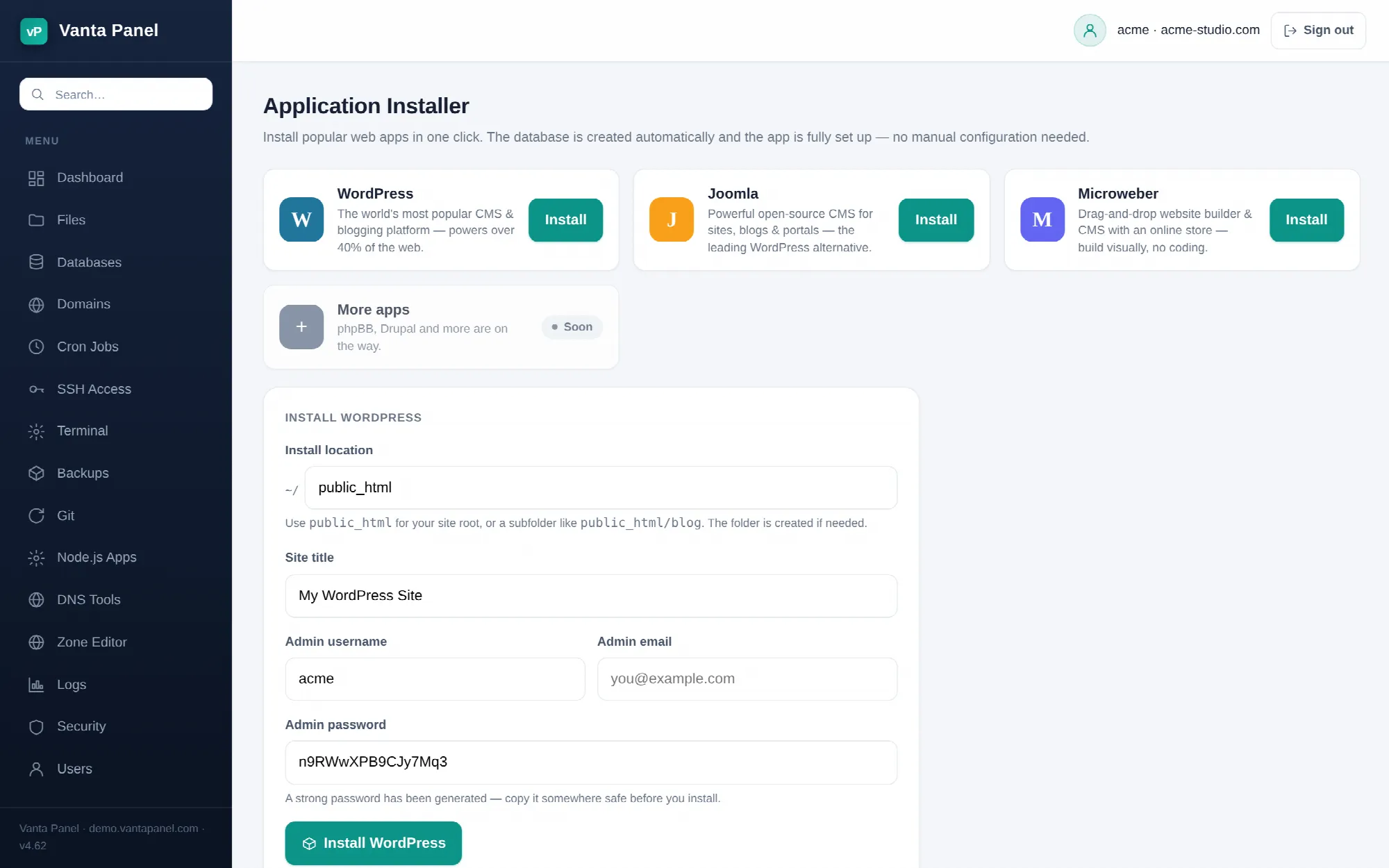The one-click application installer in vPanel.