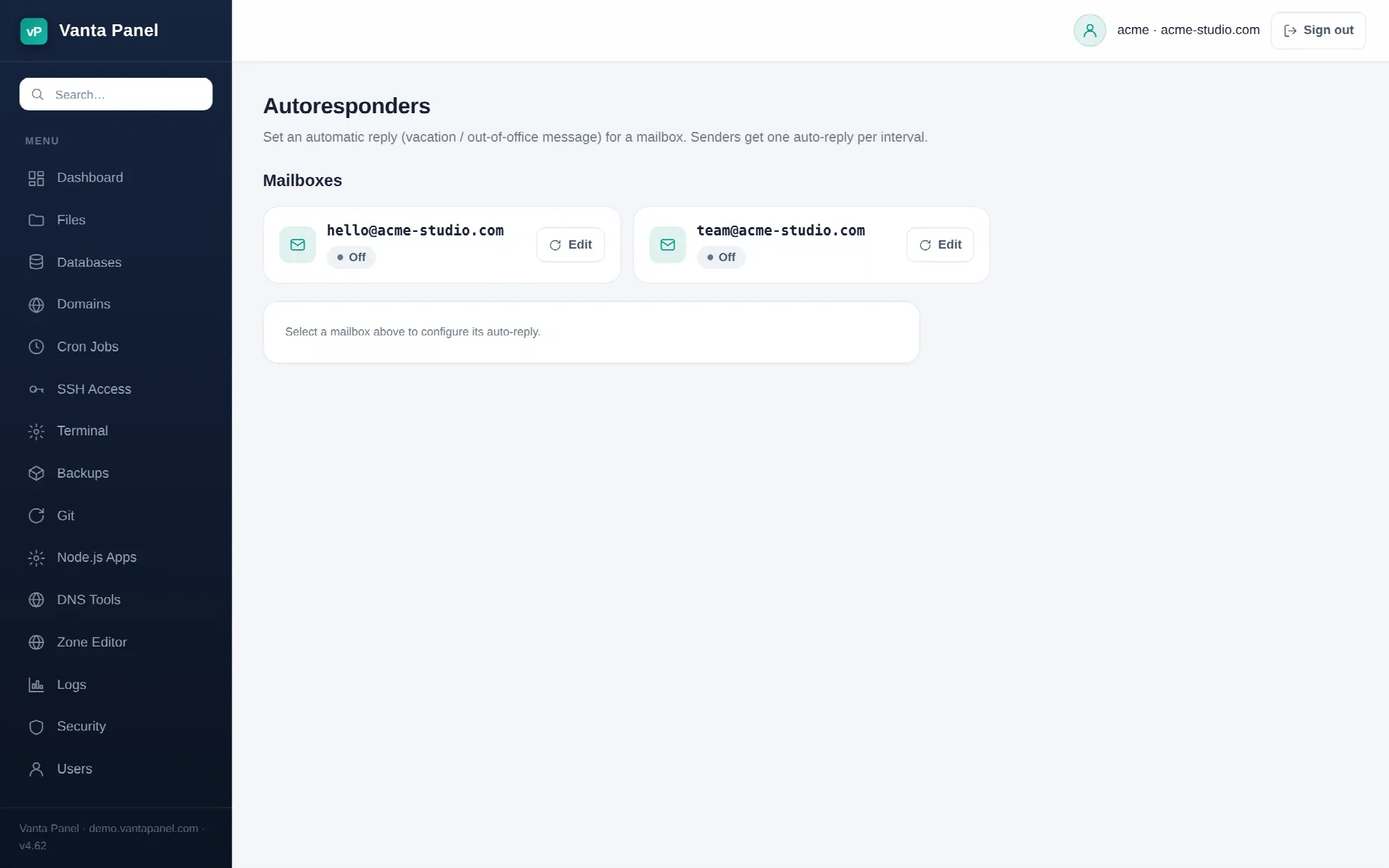 Configuring an out-of-office auto-reply in vPanel.