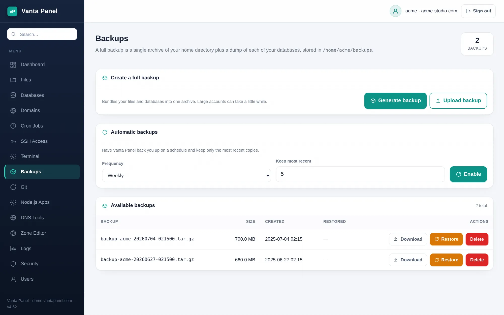 Creating, scheduling and restoring account backups in vPanel.