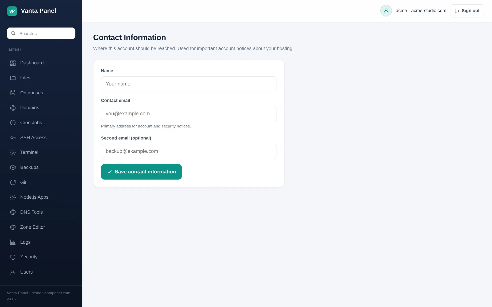 Contact information in vPanel.