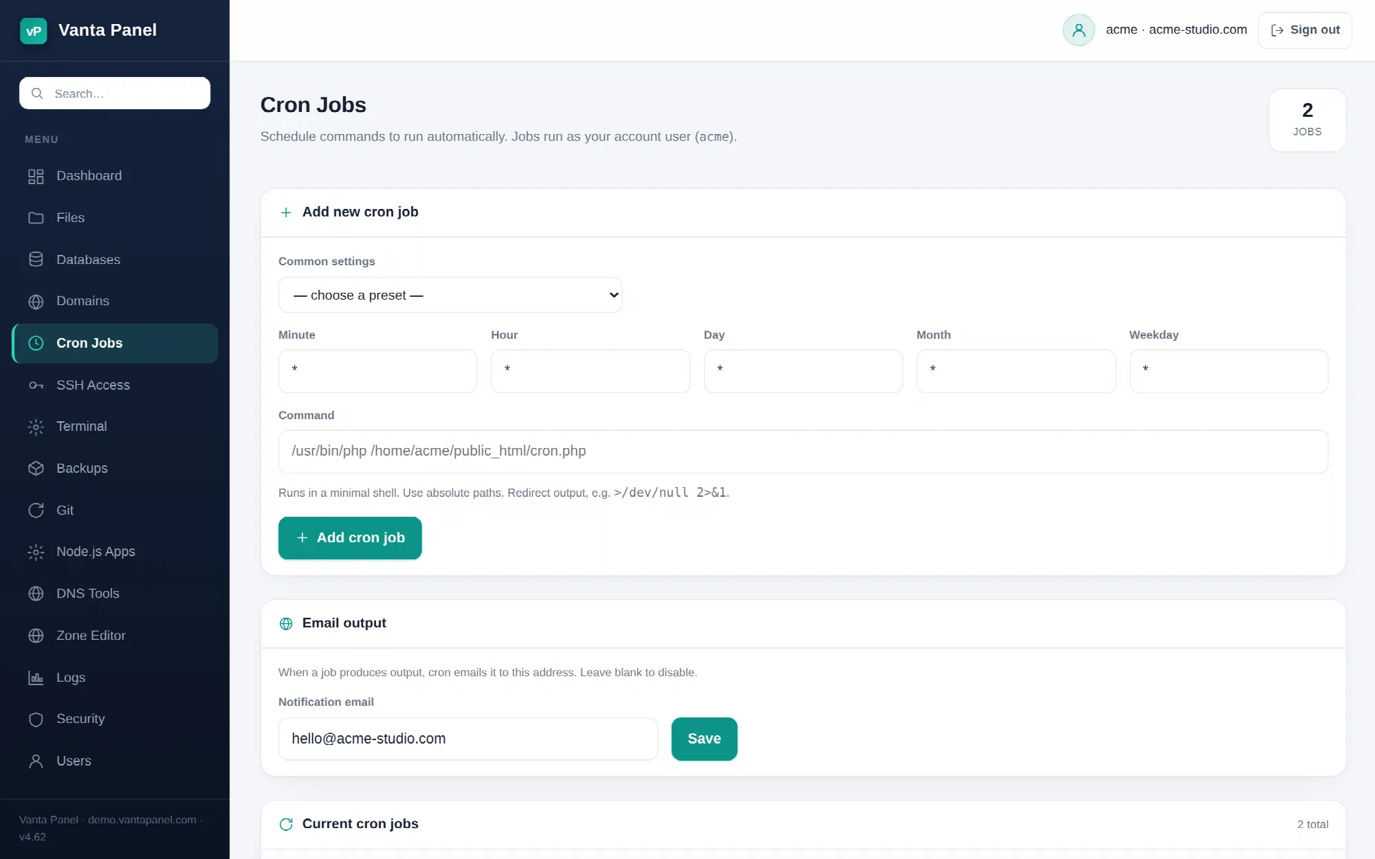 Scheduling cron jobs in vPanel.