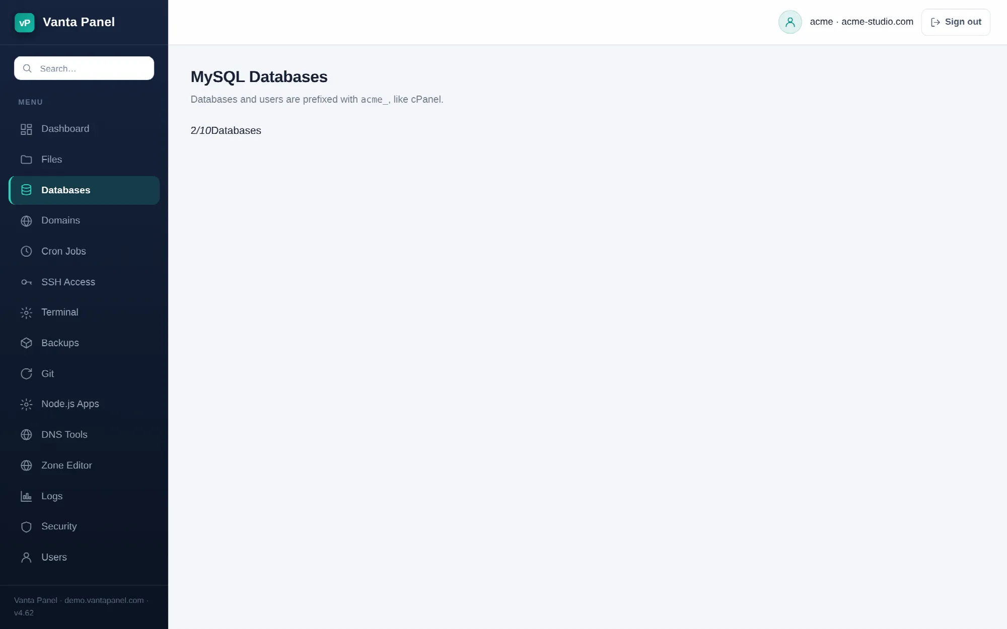 MySQL databases and users in vPanel.