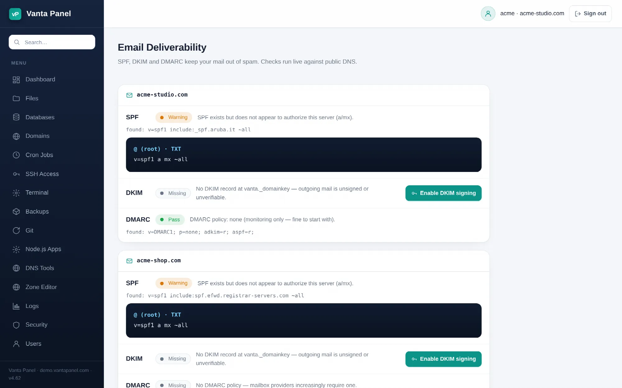 Live SPF, DKIM and DMARC checks in vPanel.