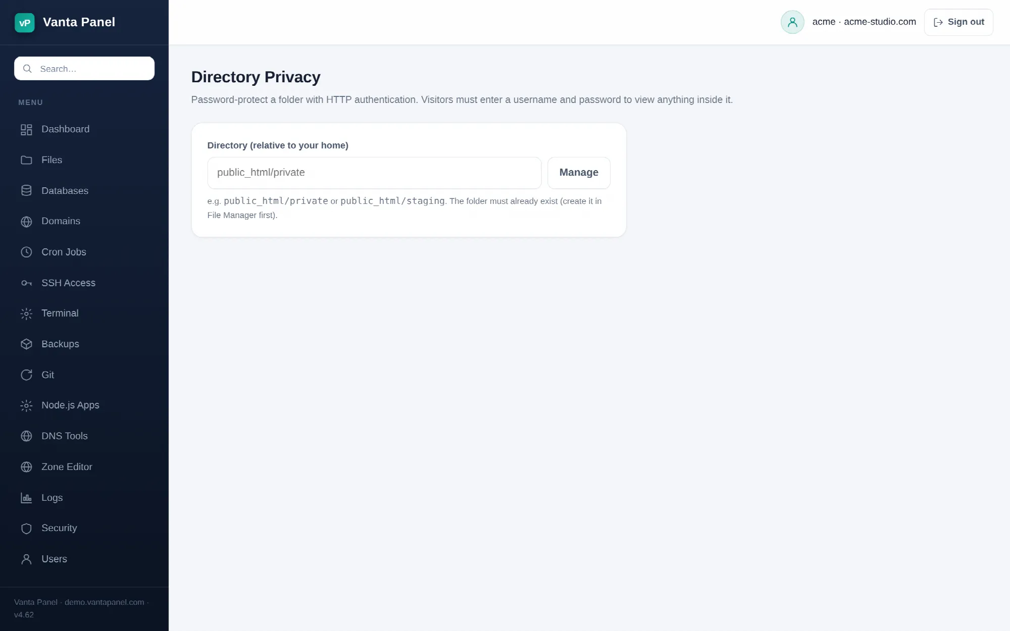 Password-protecting a folder in vPanel.