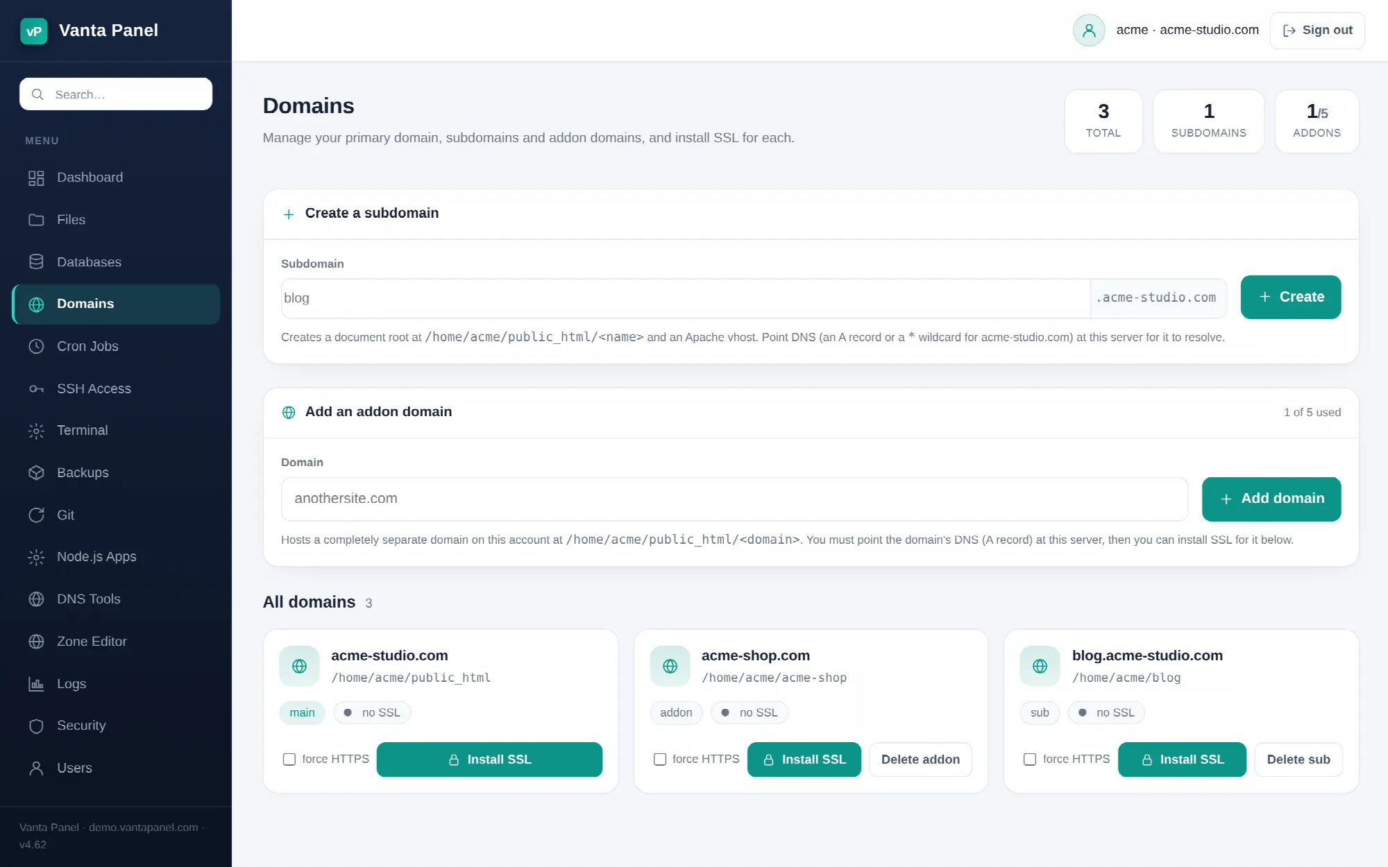 Managing domains, subdomains and SSL in vPanel.