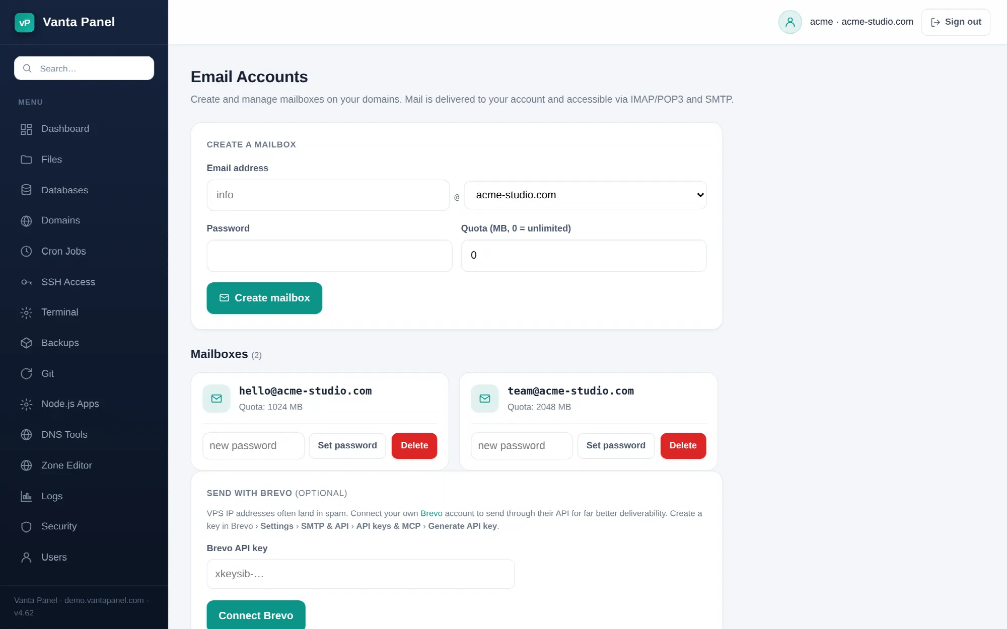 Creating and managing mailboxes in vPanel.