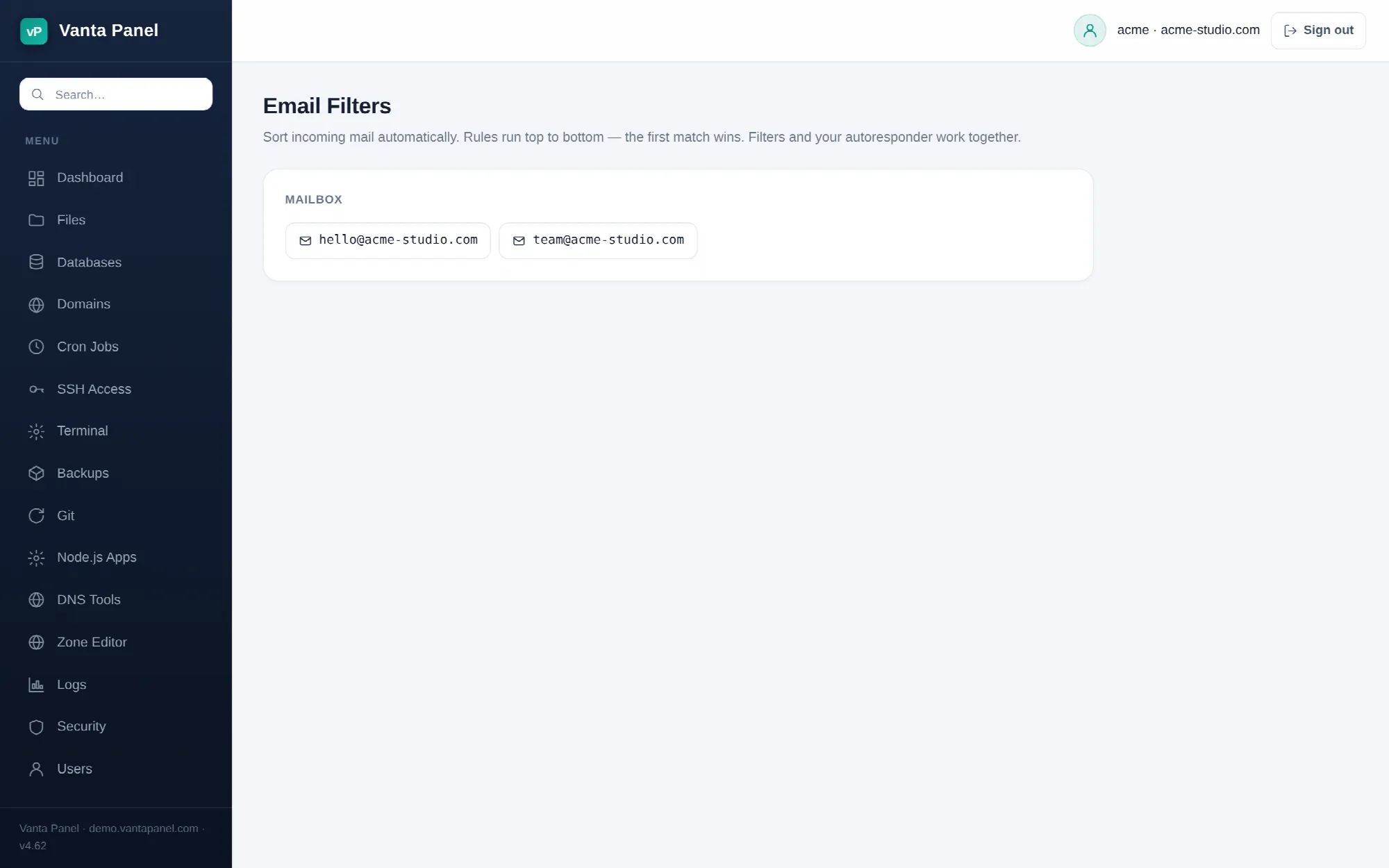 Per-mailbox filter rules in vPanel.