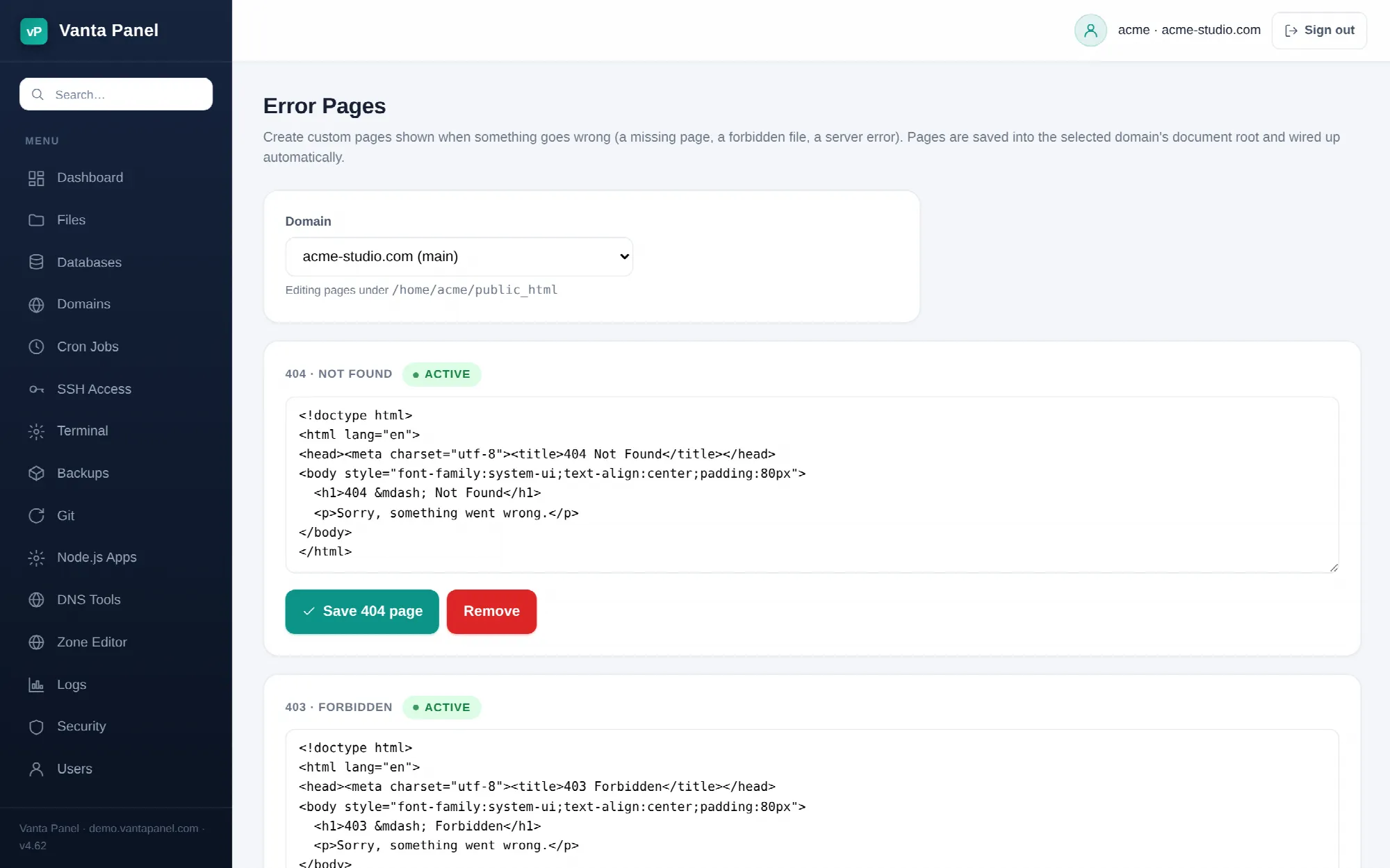 Editing custom error pages in vPanel.
