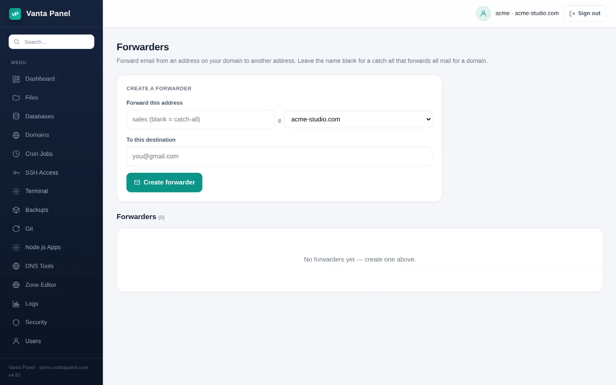 Creating a forwarder in vPanel.
