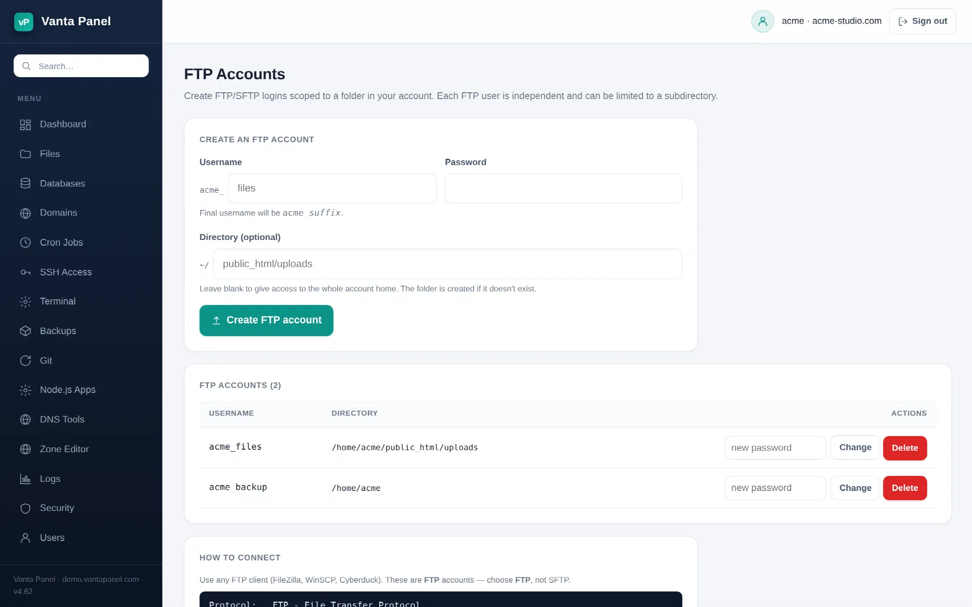 Creating and managing FTP accounts in vPanel.