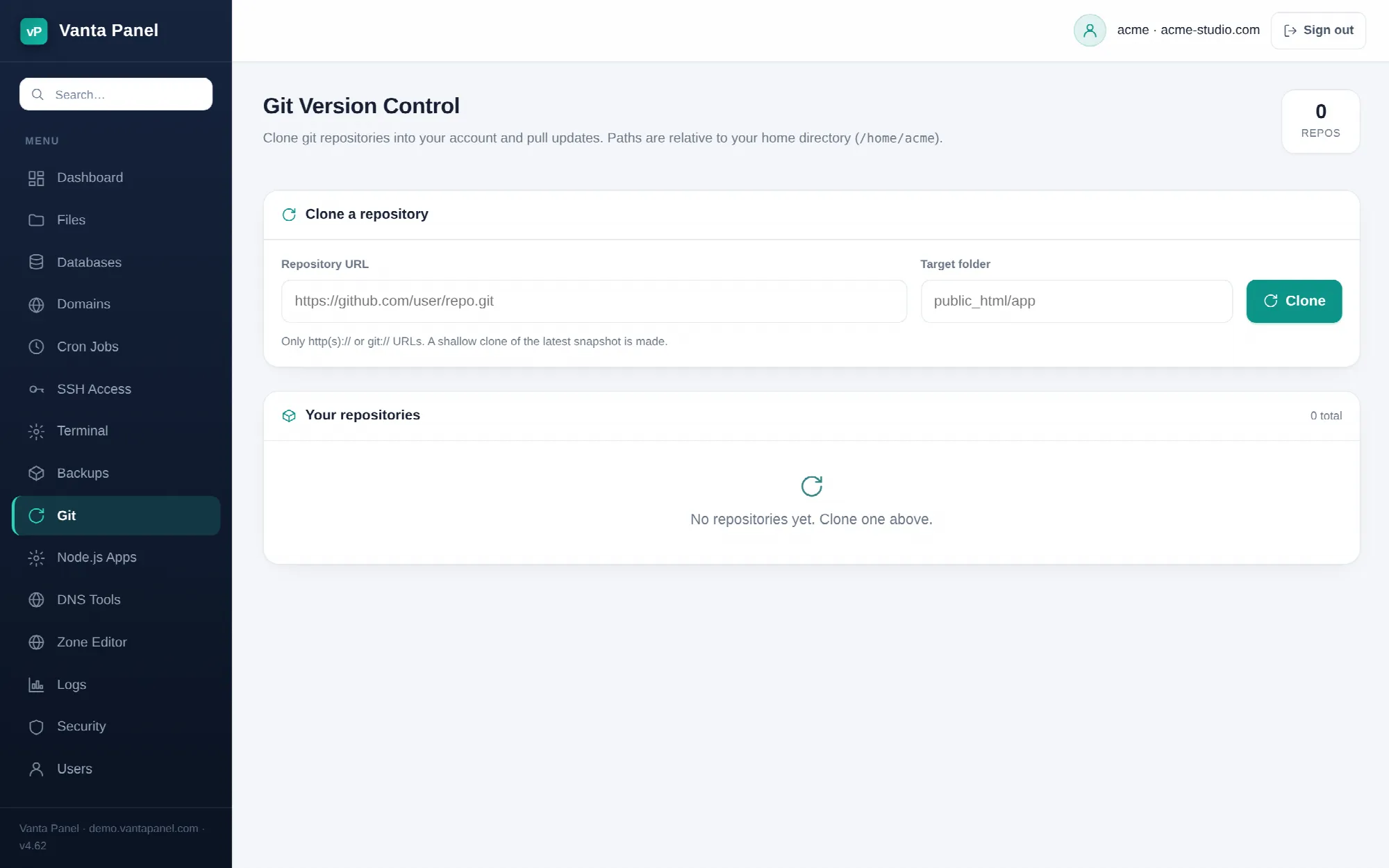 Cloning and deploying Git repositories in vPanel.