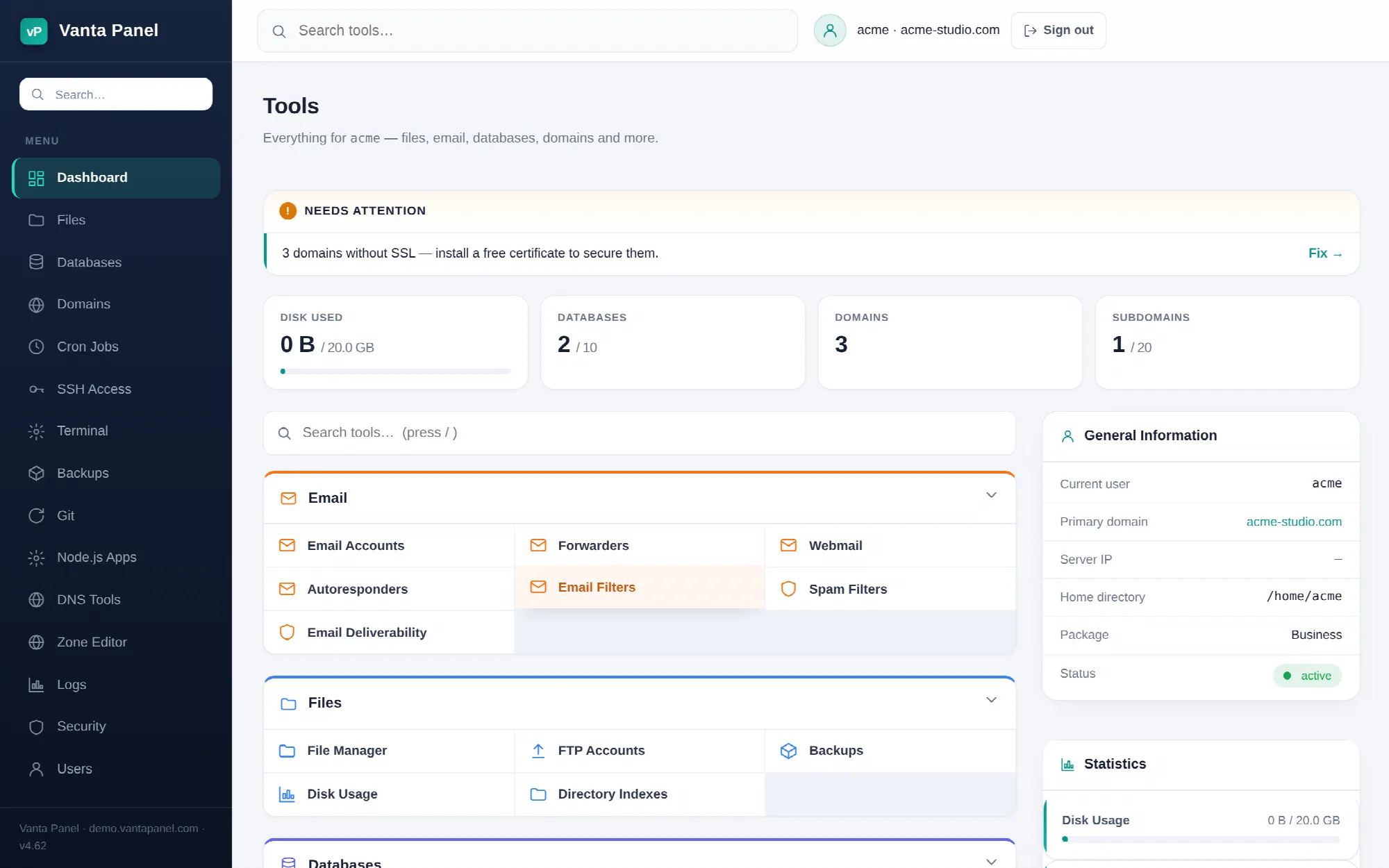 The vPanel dashboard.
