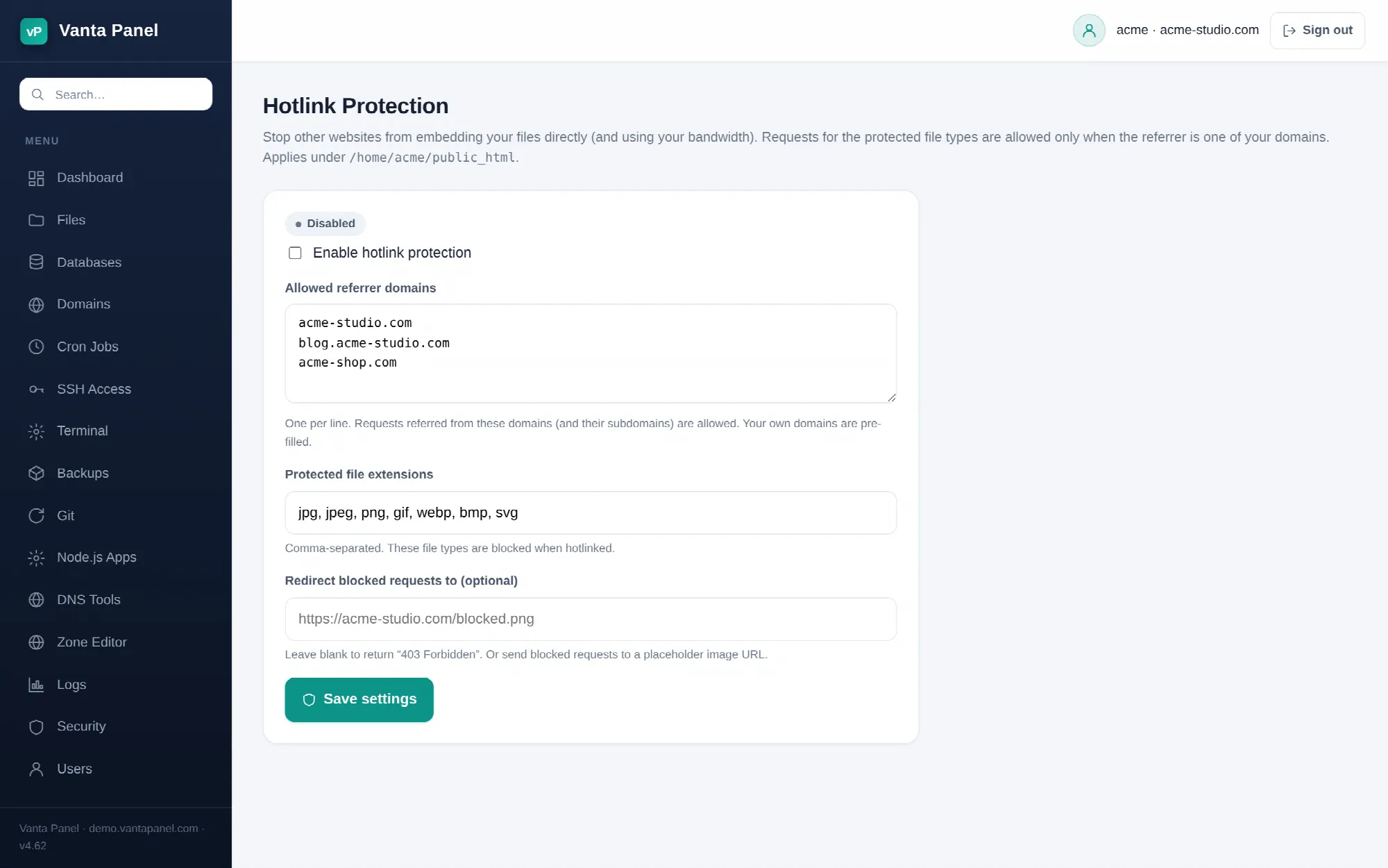 Configuring hotlink protection in vPanel.