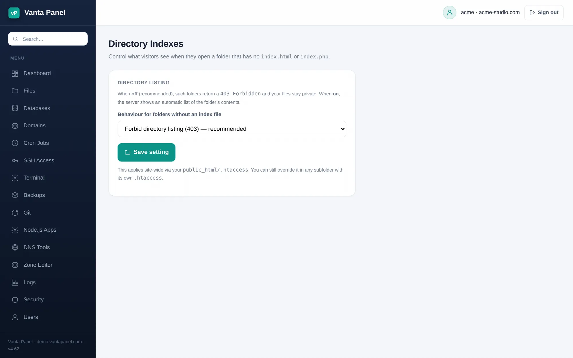 Controlling directory listings in vPanel.