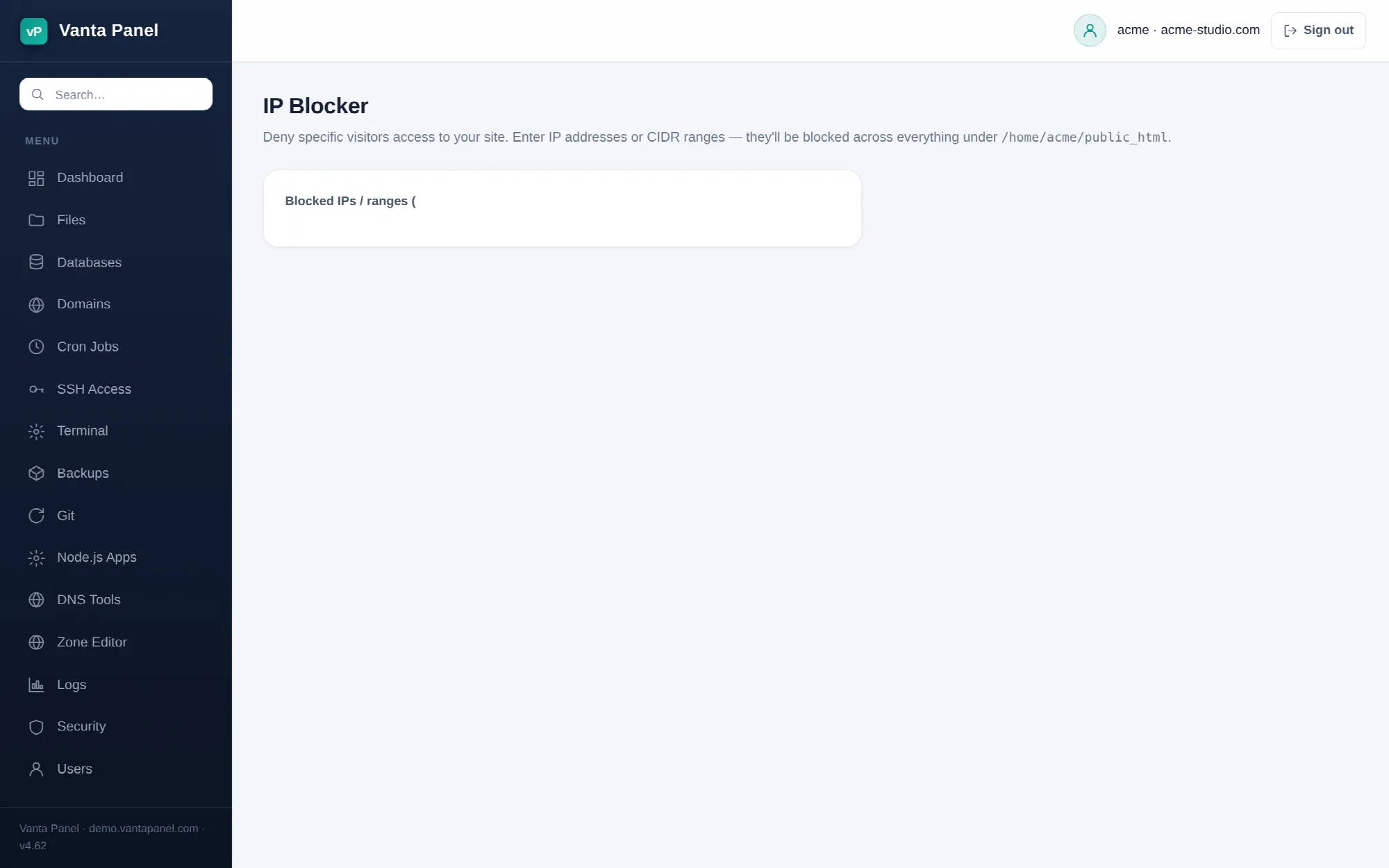Blocking visitors by IP address or range in vPanel.