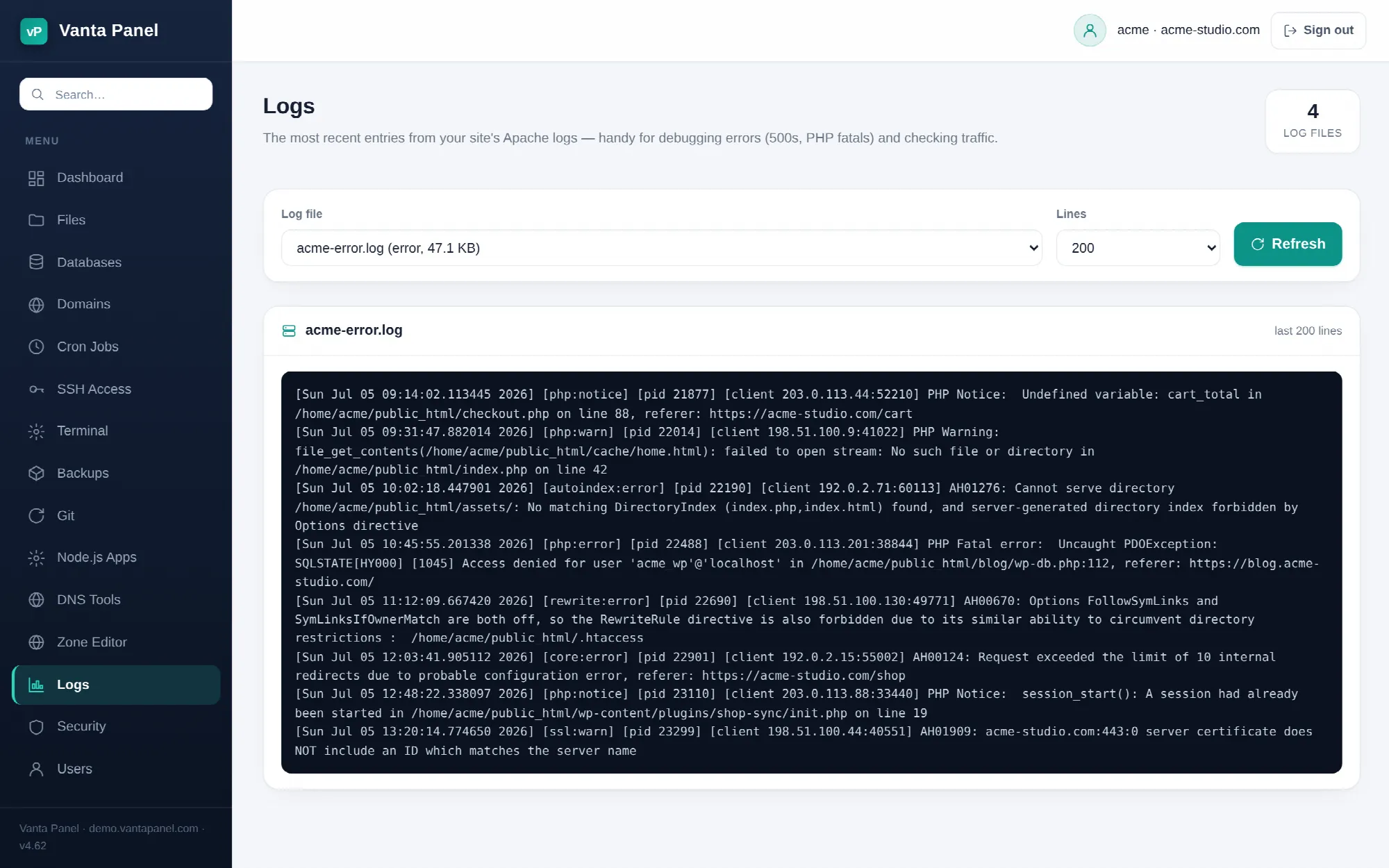 Reading Apache access and error logs in vPanel.
