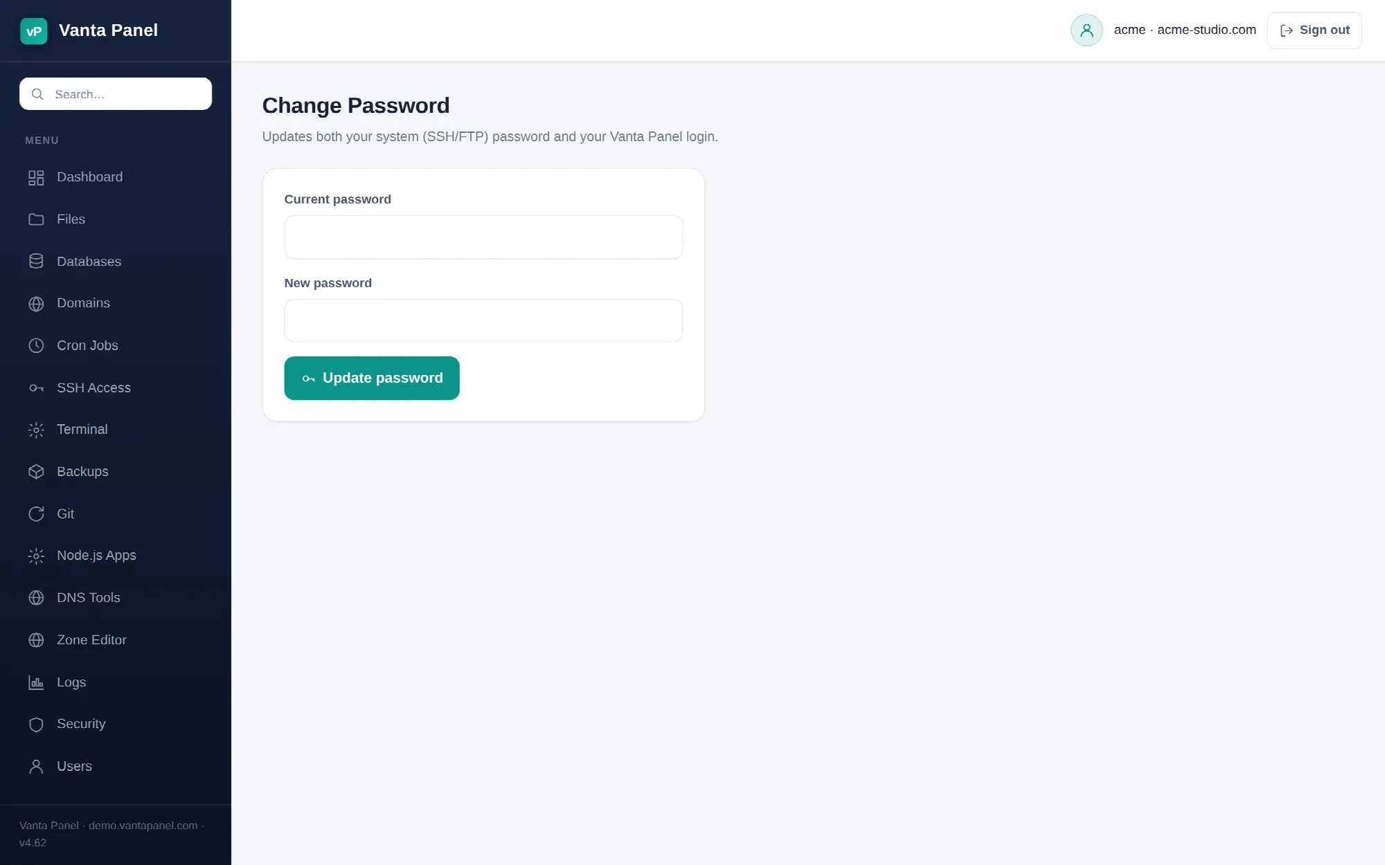 Changing your account password in vPanel.