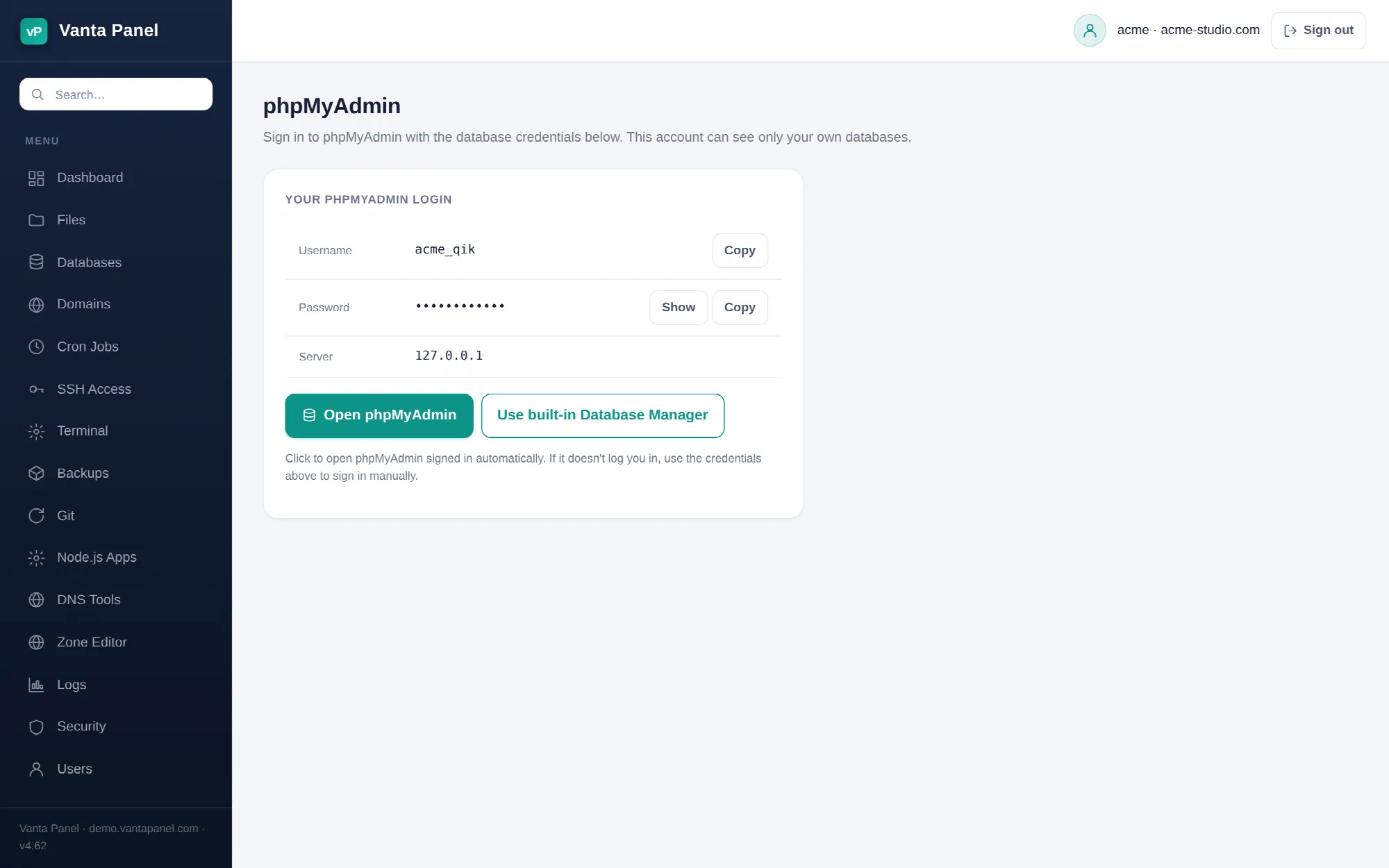 phpMyAdmin credentials and one-click sign-in in vPanel.