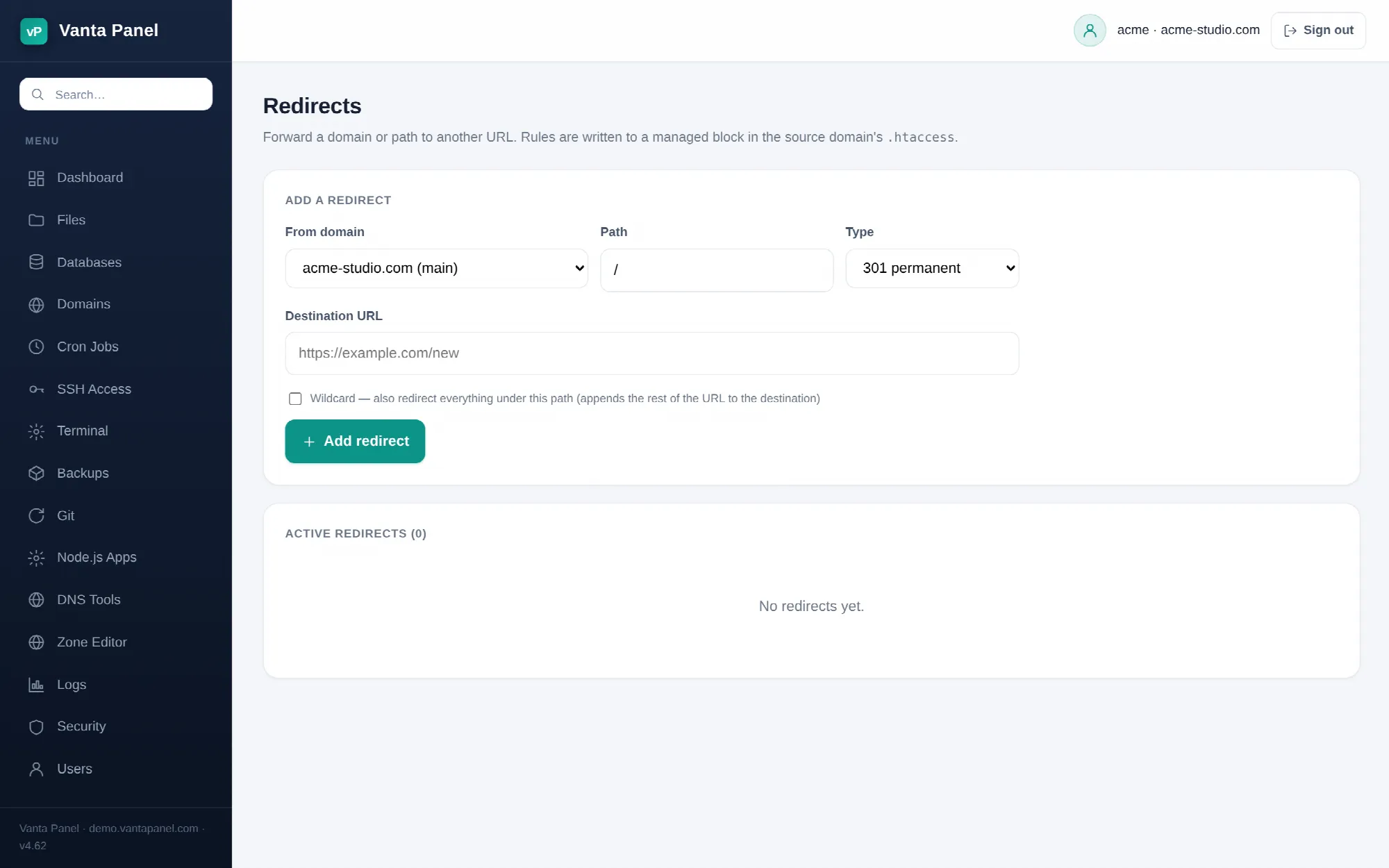 Creating URL redirects in vPanel.