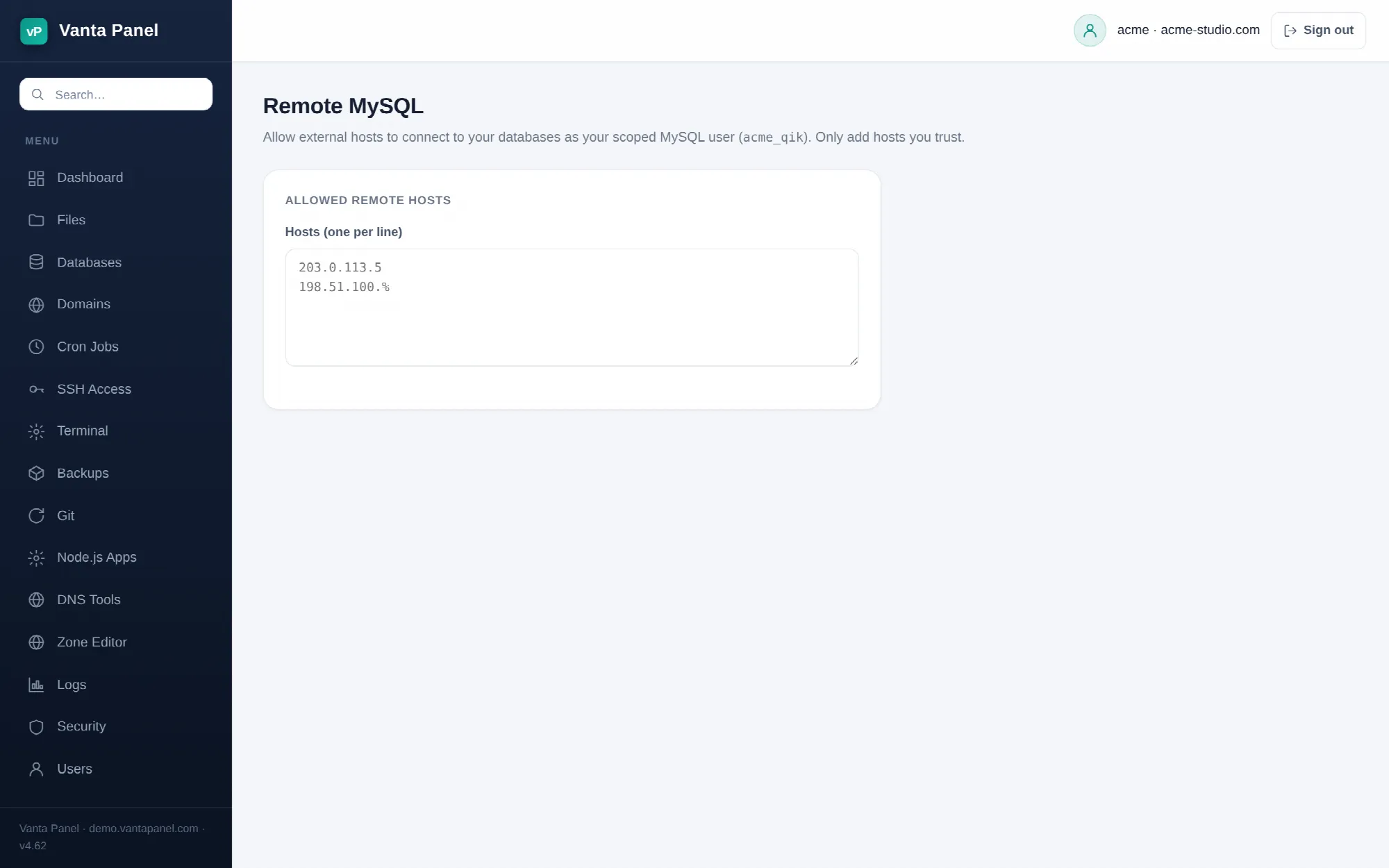 Authorising remote hosts for MySQL access in vPanel.