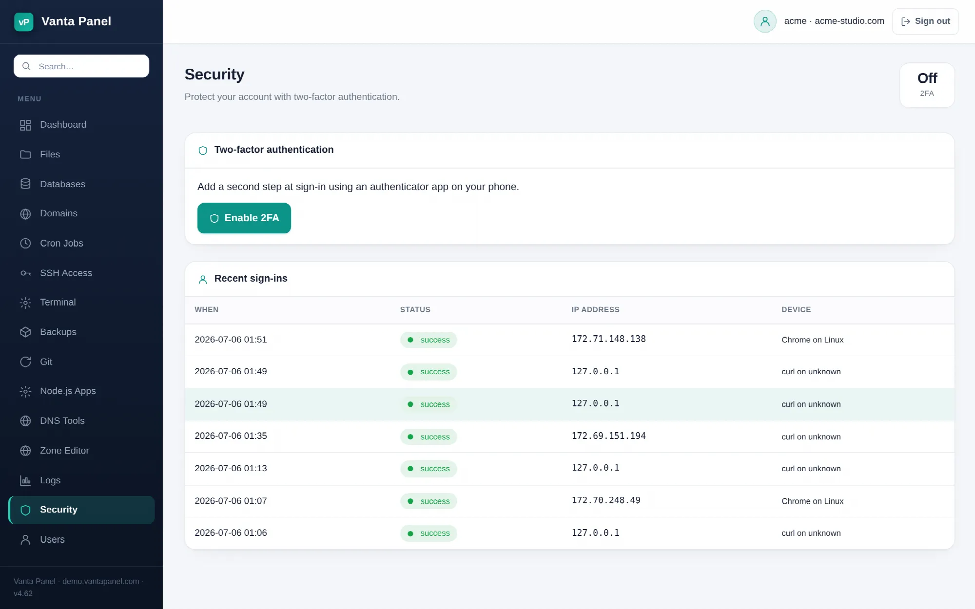 Two-factor authentication and recent sign-ins in vPanel.