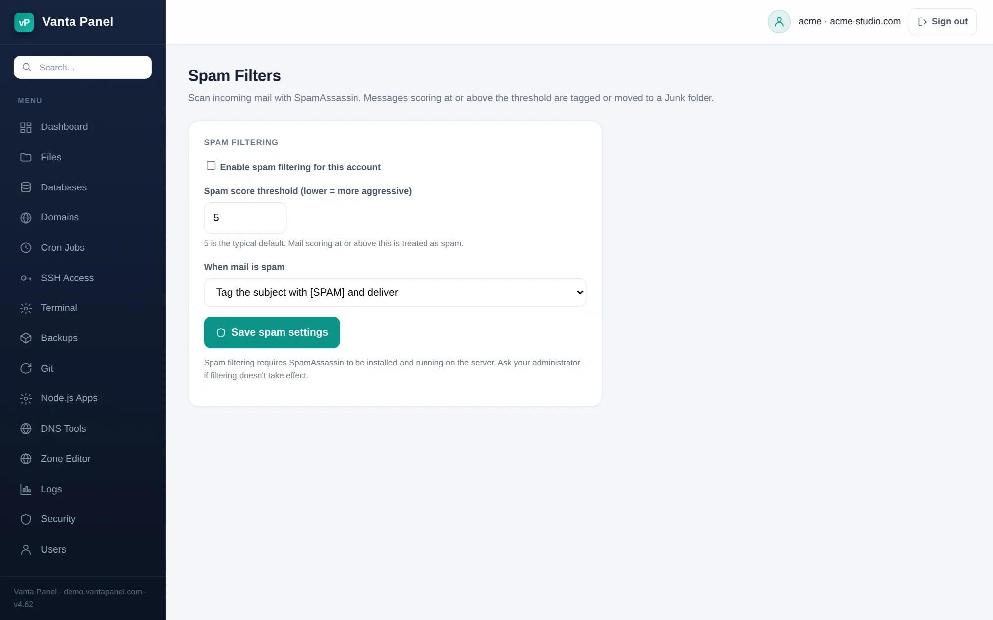Spam filter settings in vPanel.