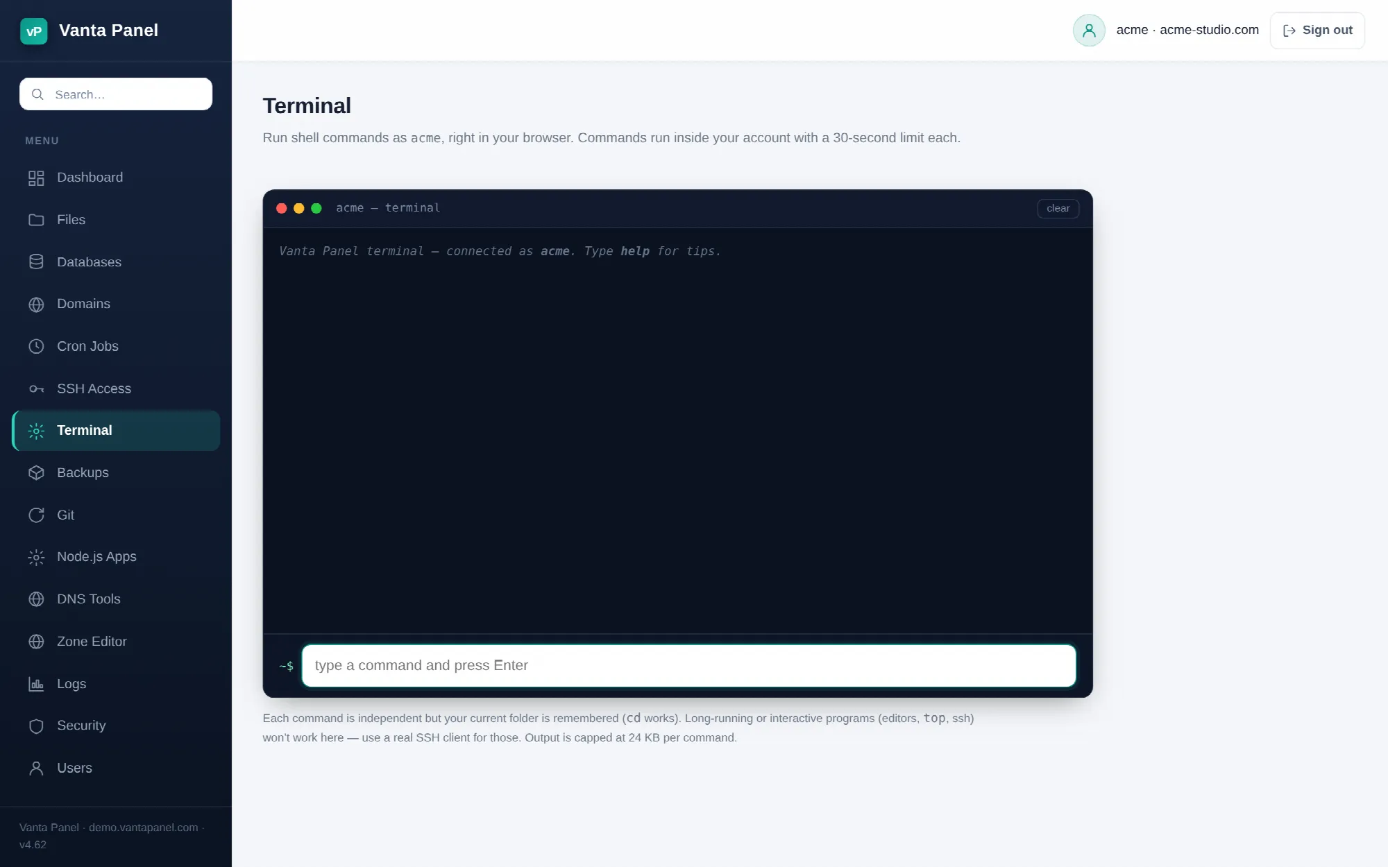 Running shell commands from the browser in vPanel.