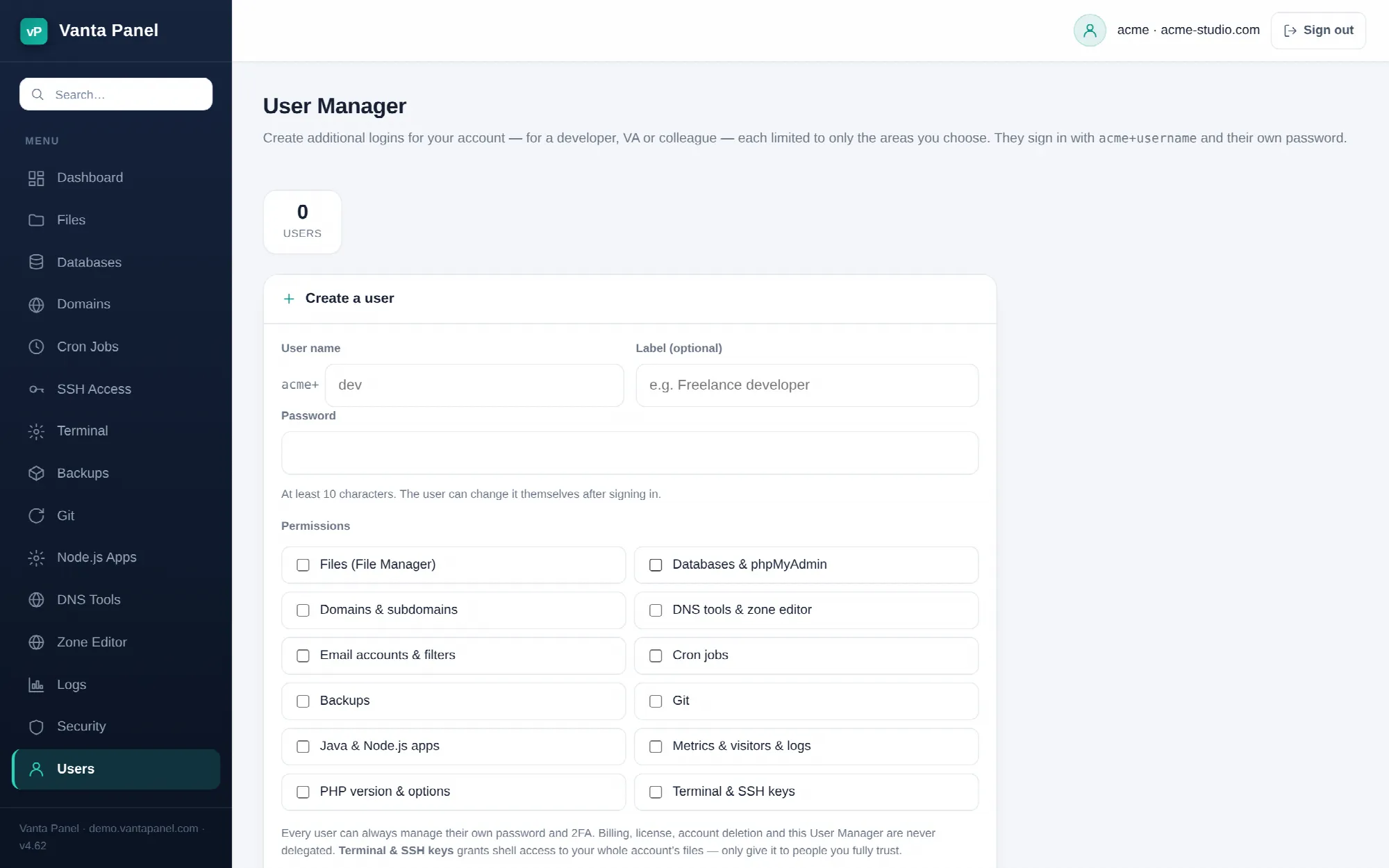 Creating delegated logins in the vPanel User Manager.