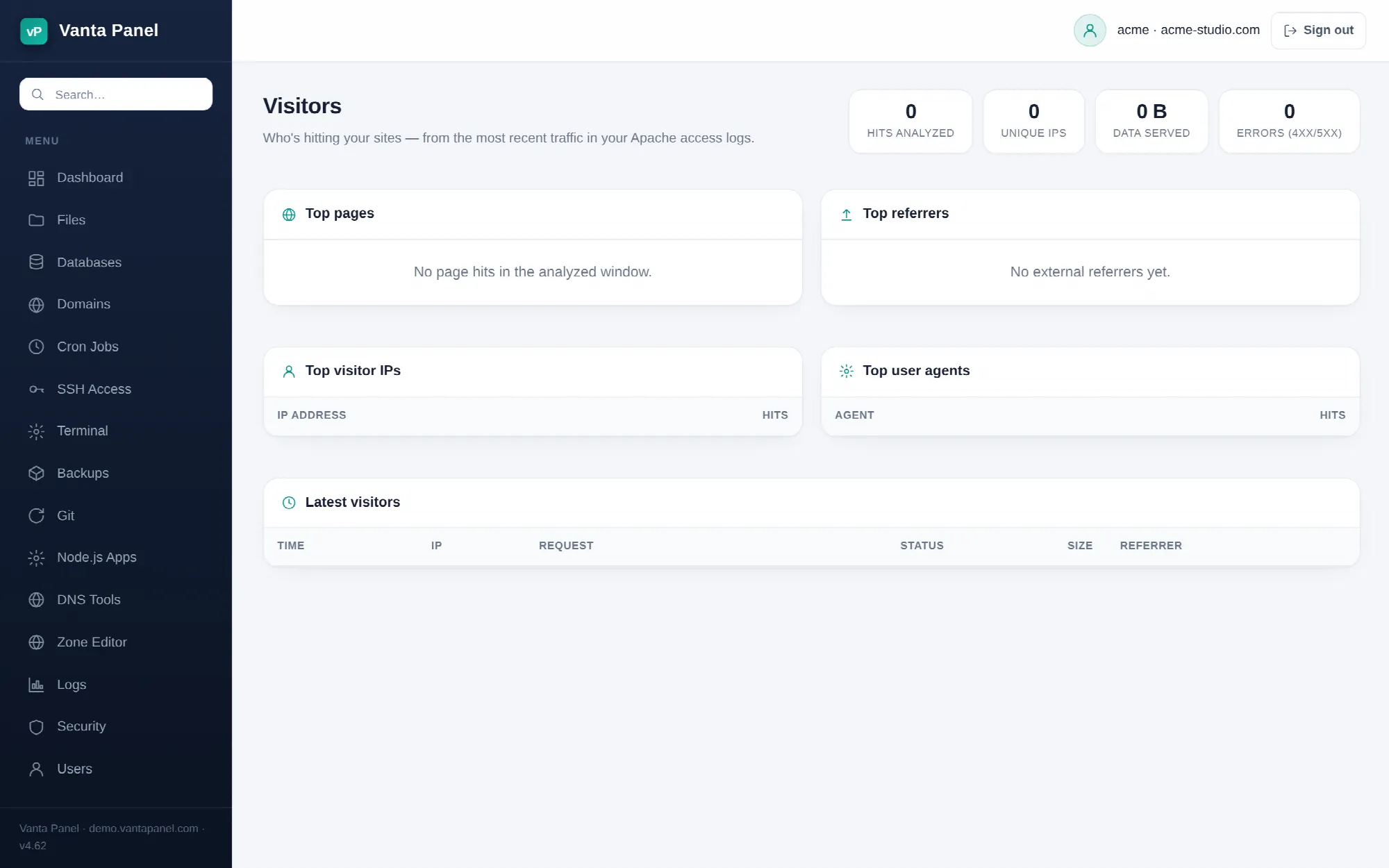 Recent visitor detail read from the access logs in vPanel.