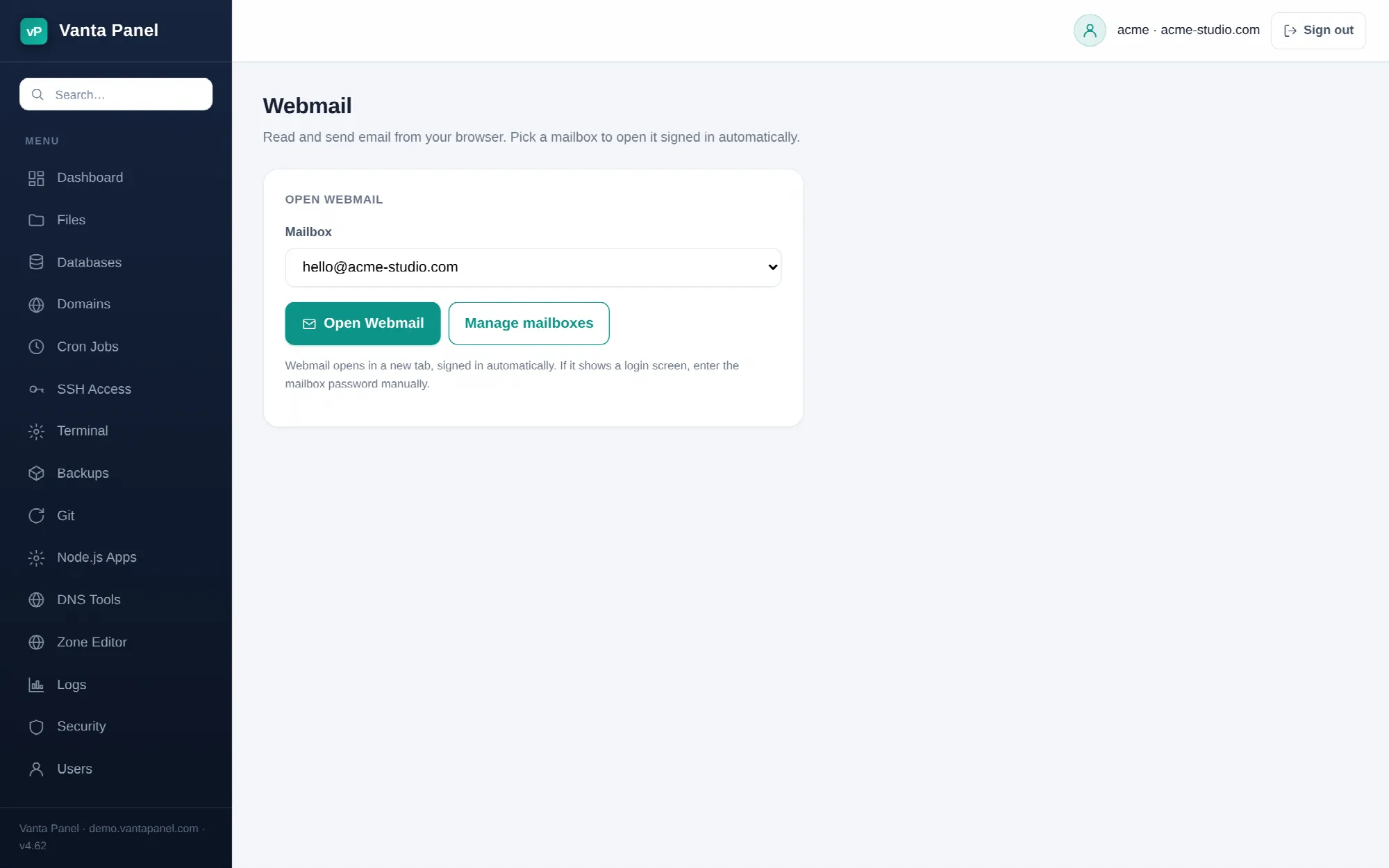 Opening a mailbox in webmail from vPanel.