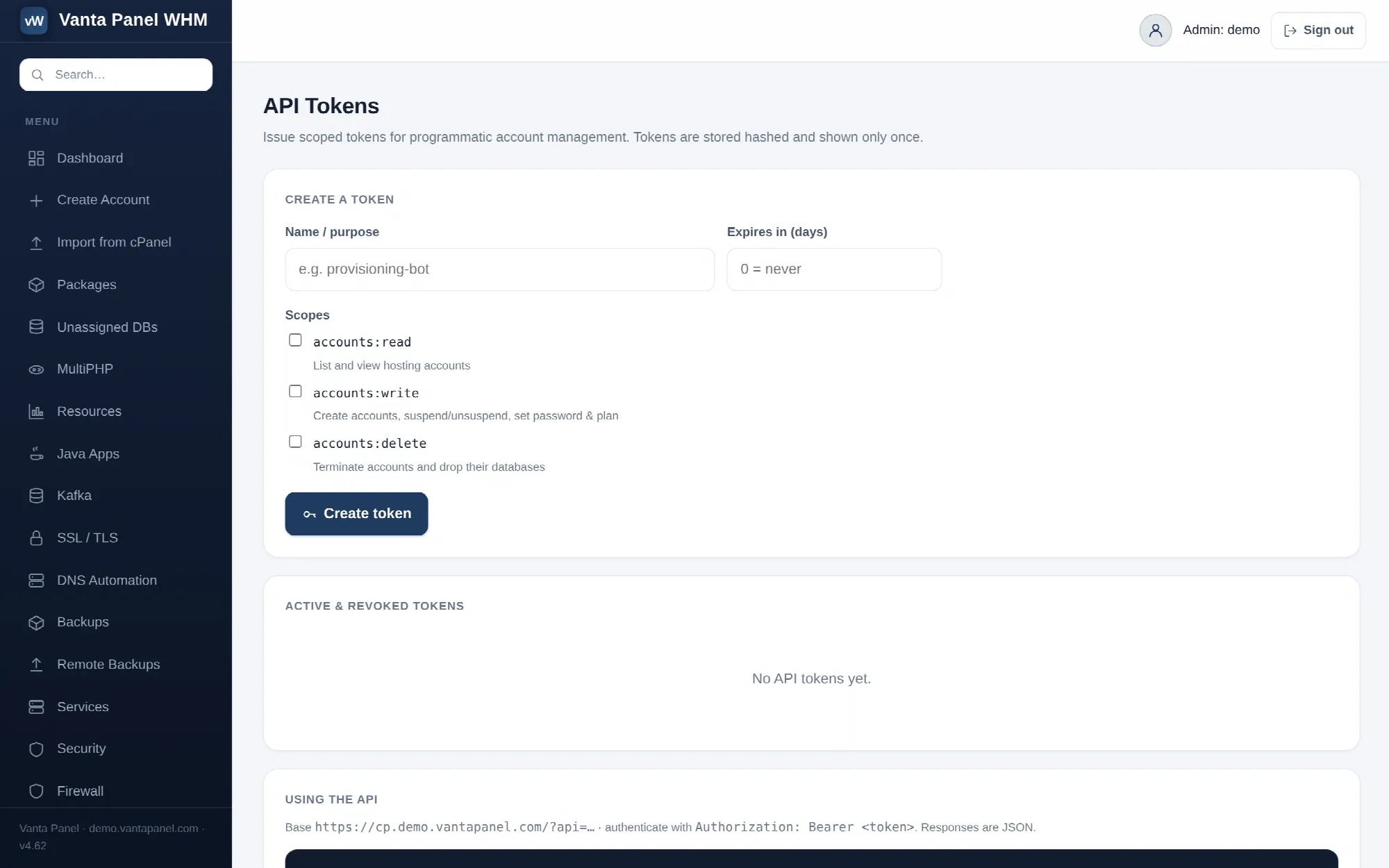Issuing scoped API tokens in vWHM.