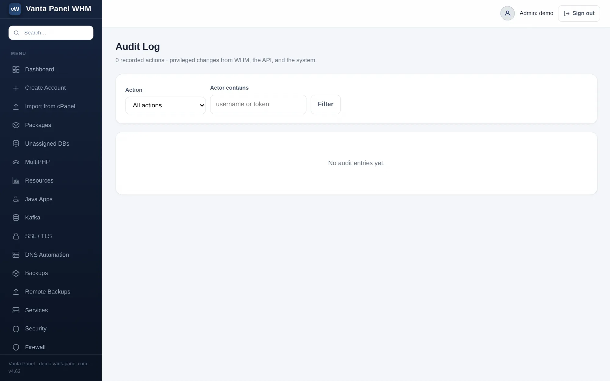 The audit log in vWHM, filtered by action.