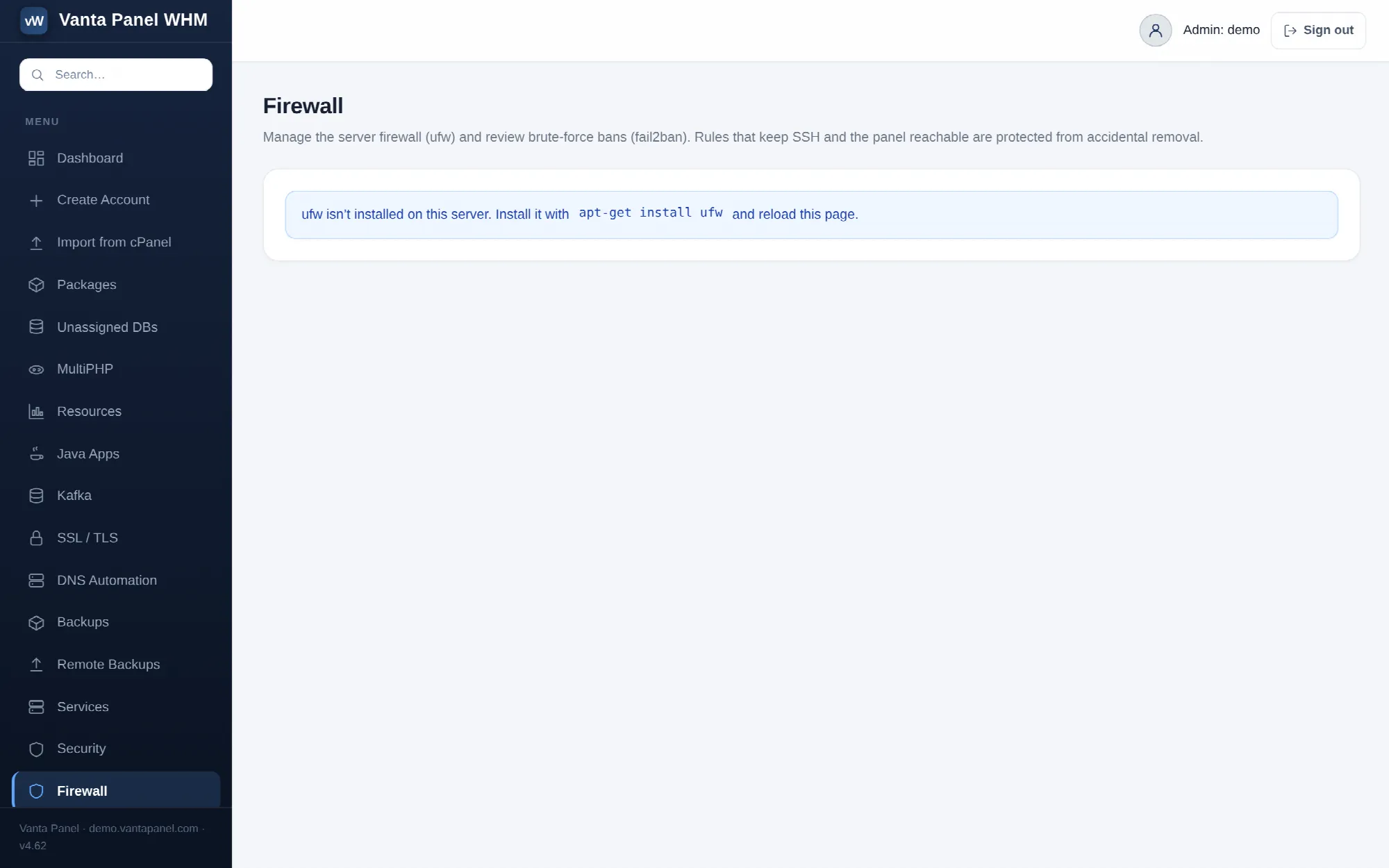 The firewall page in vWHM, with ufw rules and fail2ban ban counts.