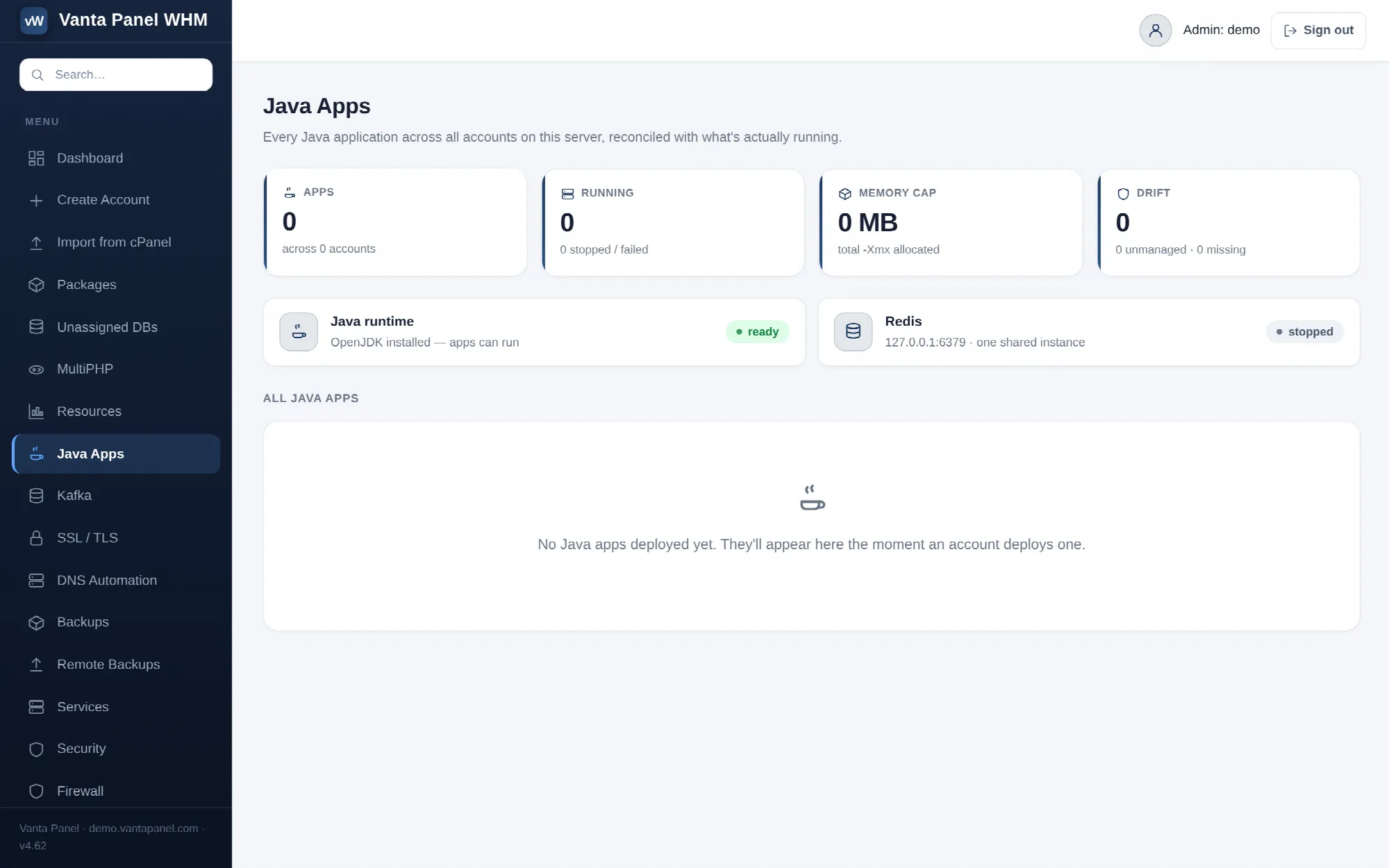 Managing Java apps as services in vWHM.