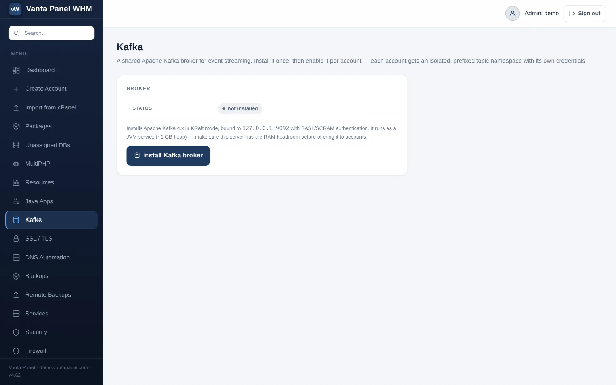 The shared Apache Kafka broker in vWHM.