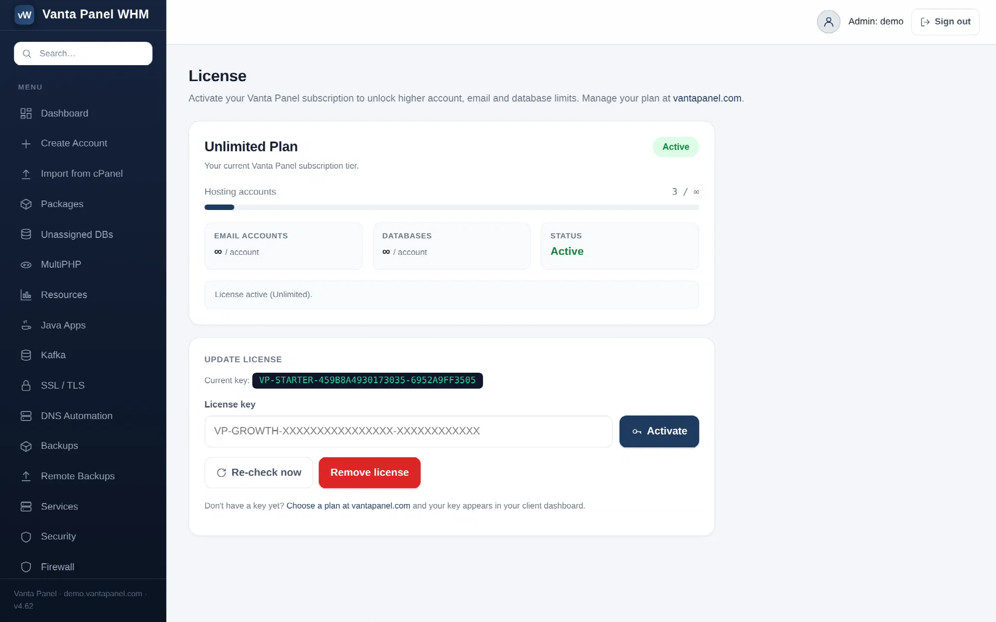 Managing your Vanta Panel license in vWHM.