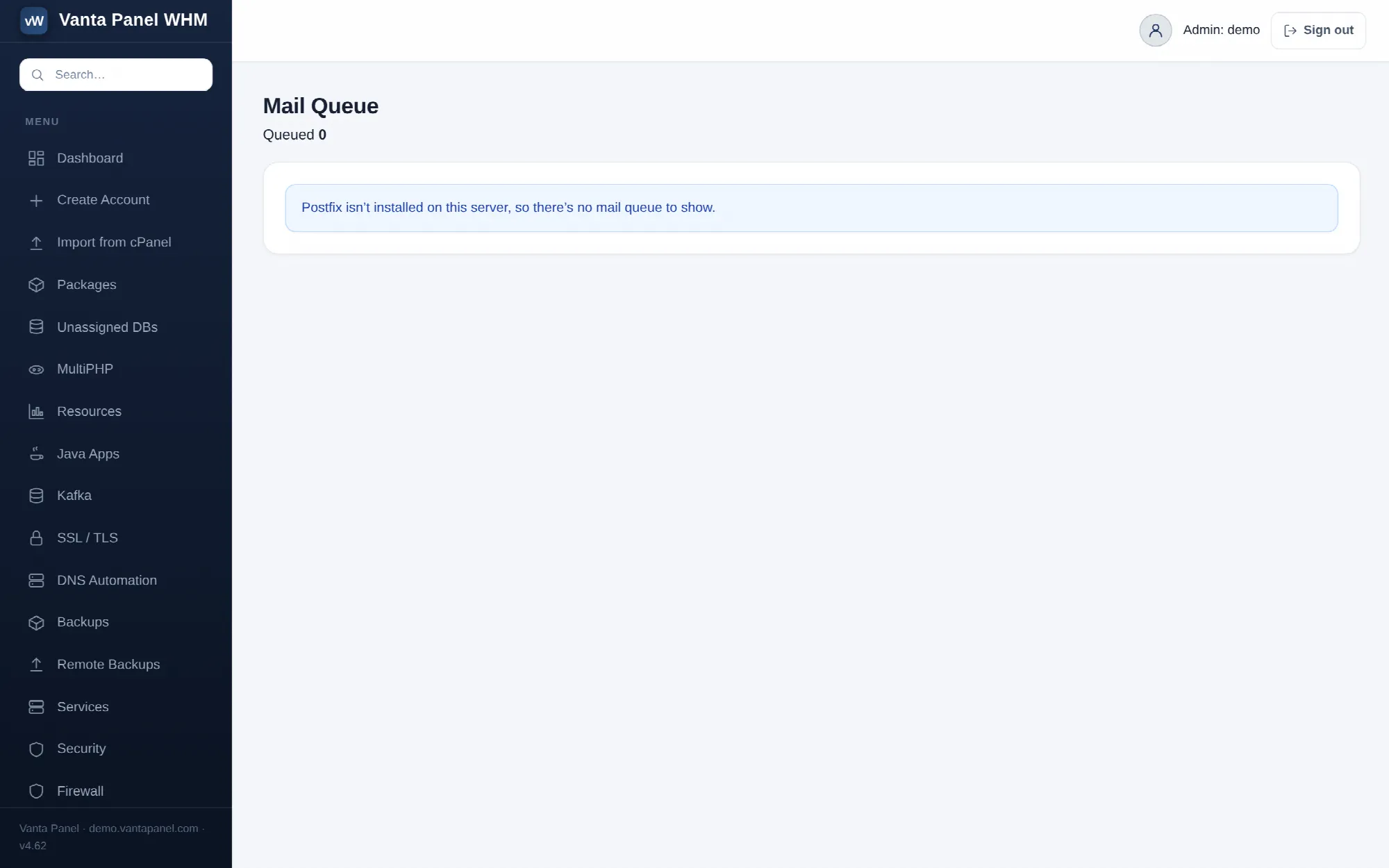 The Postfix mail queue in vWHM.