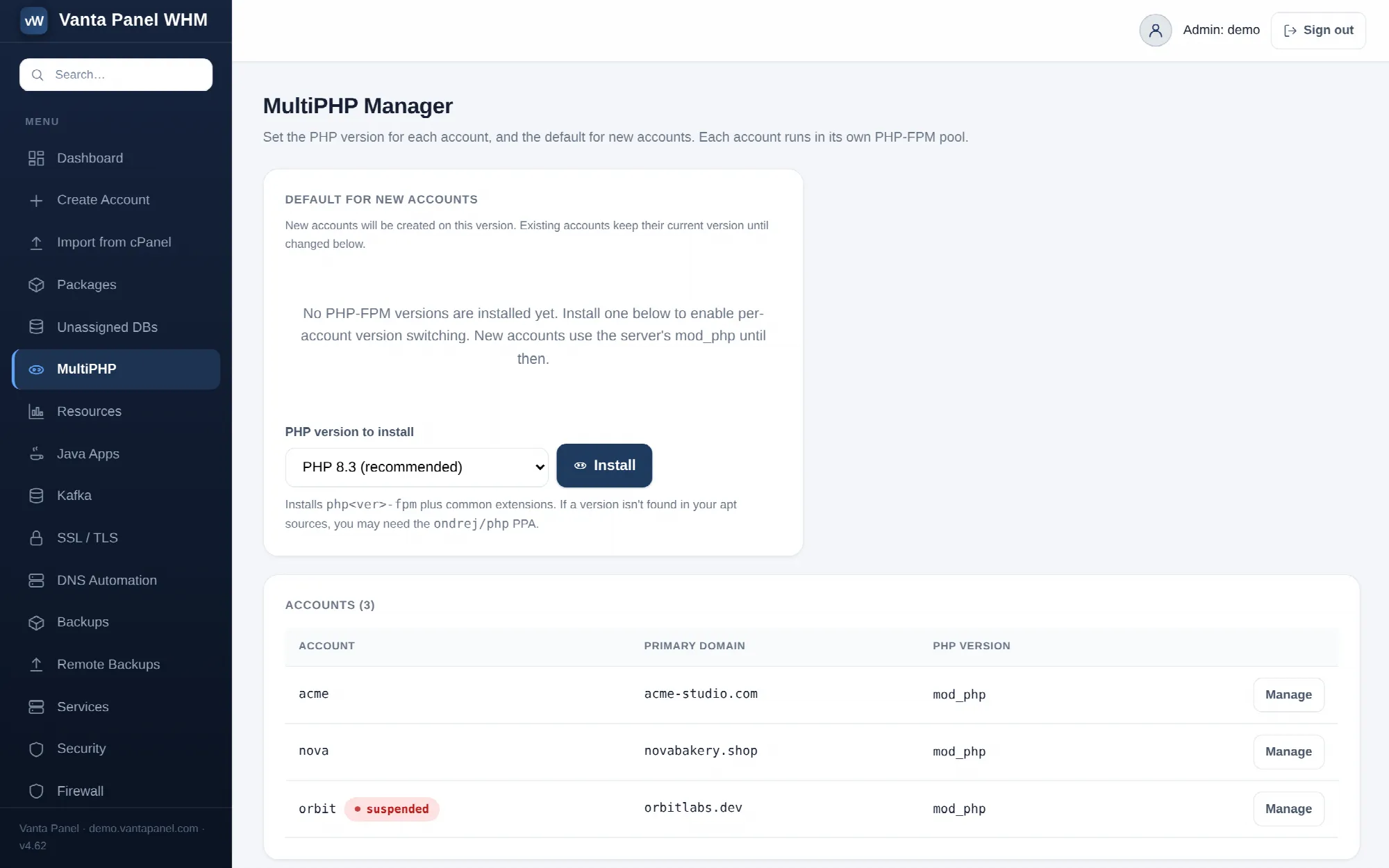 MultiPHP and account isolation in vWHM.